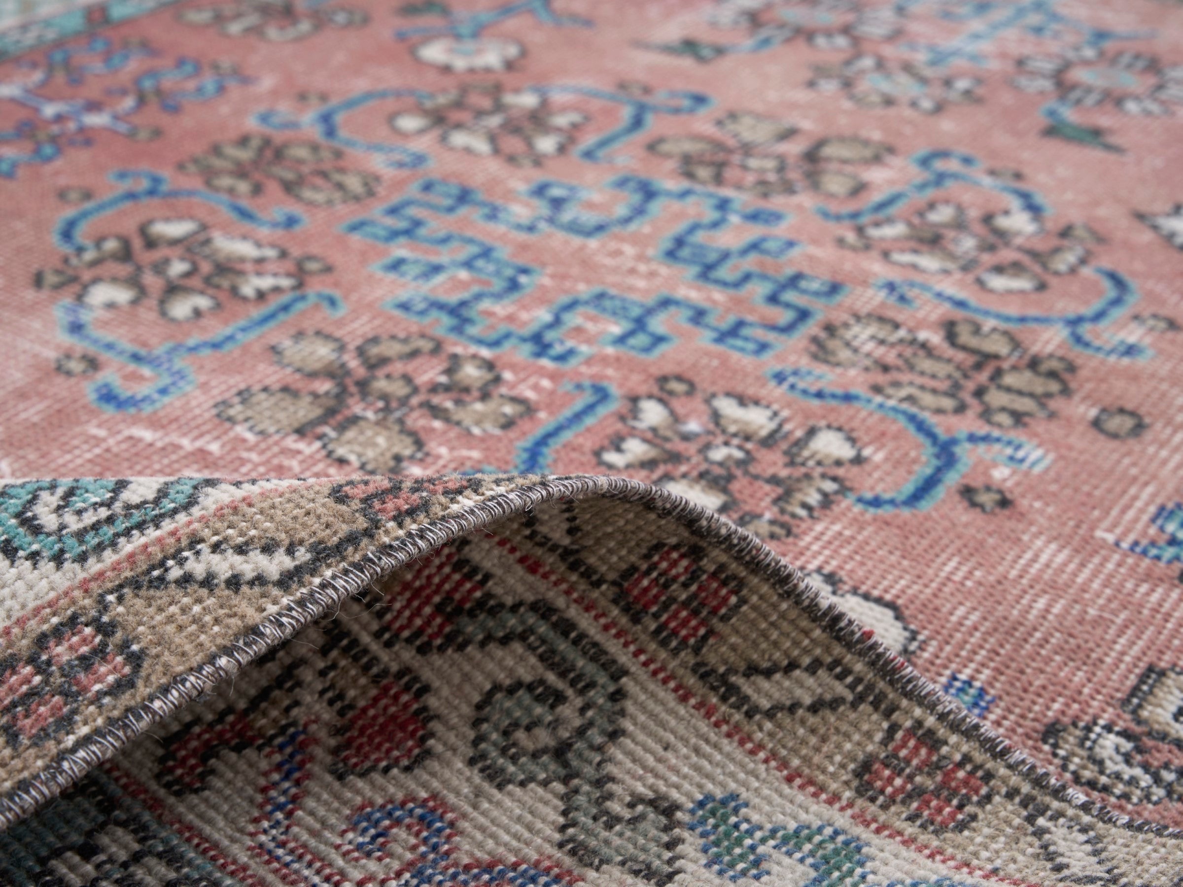 Turkish Isparta area rug in dusty rose and cream, view 9 of 10