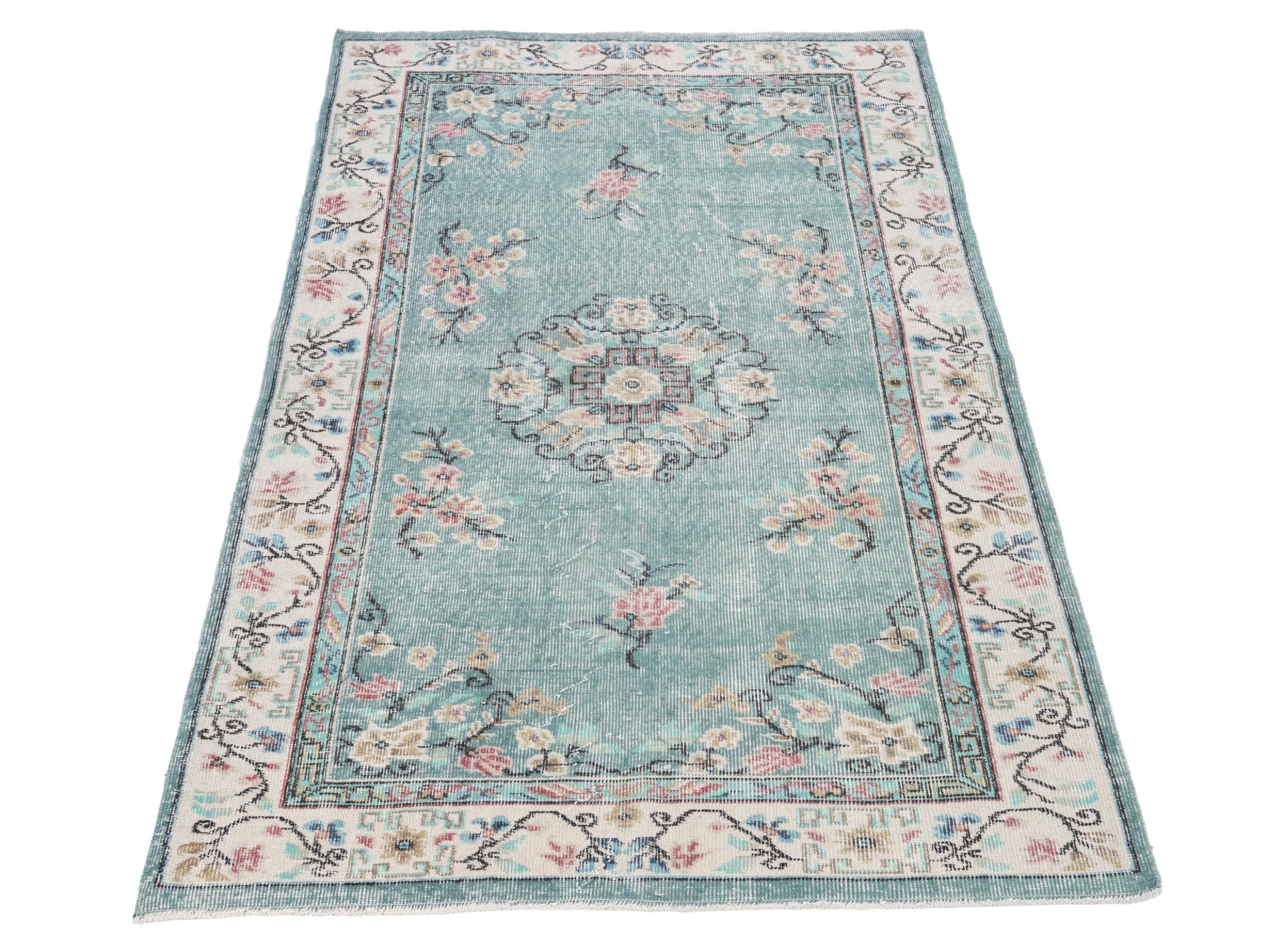 Turkish Isparta area rug in dusty blue and muted pink, view 2 of 10