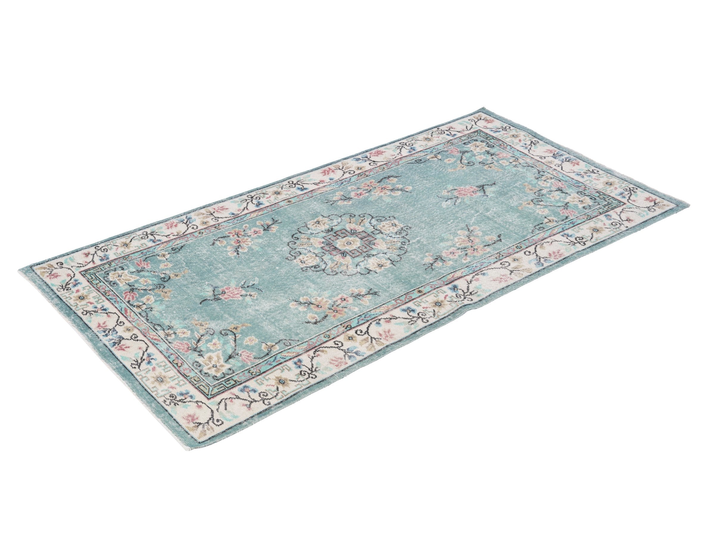 Turkish Isparta area rug in dusty blue and muted pink, view 3 of 10