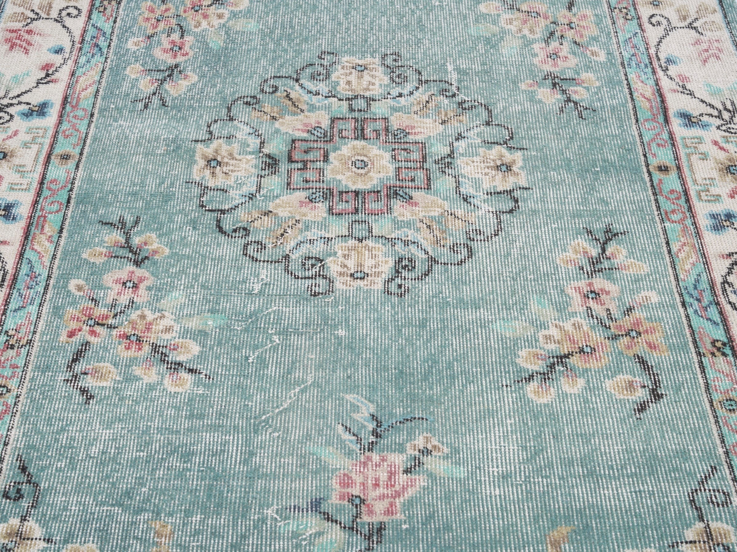 Turkish Isparta area rug in dusty blue and muted pink, view 4 of 10