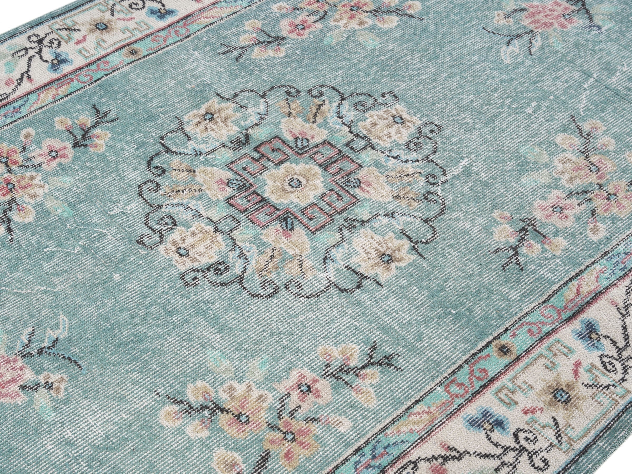 Turkish Isparta area rug in dusty blue and muted pink, view 5 of 10
