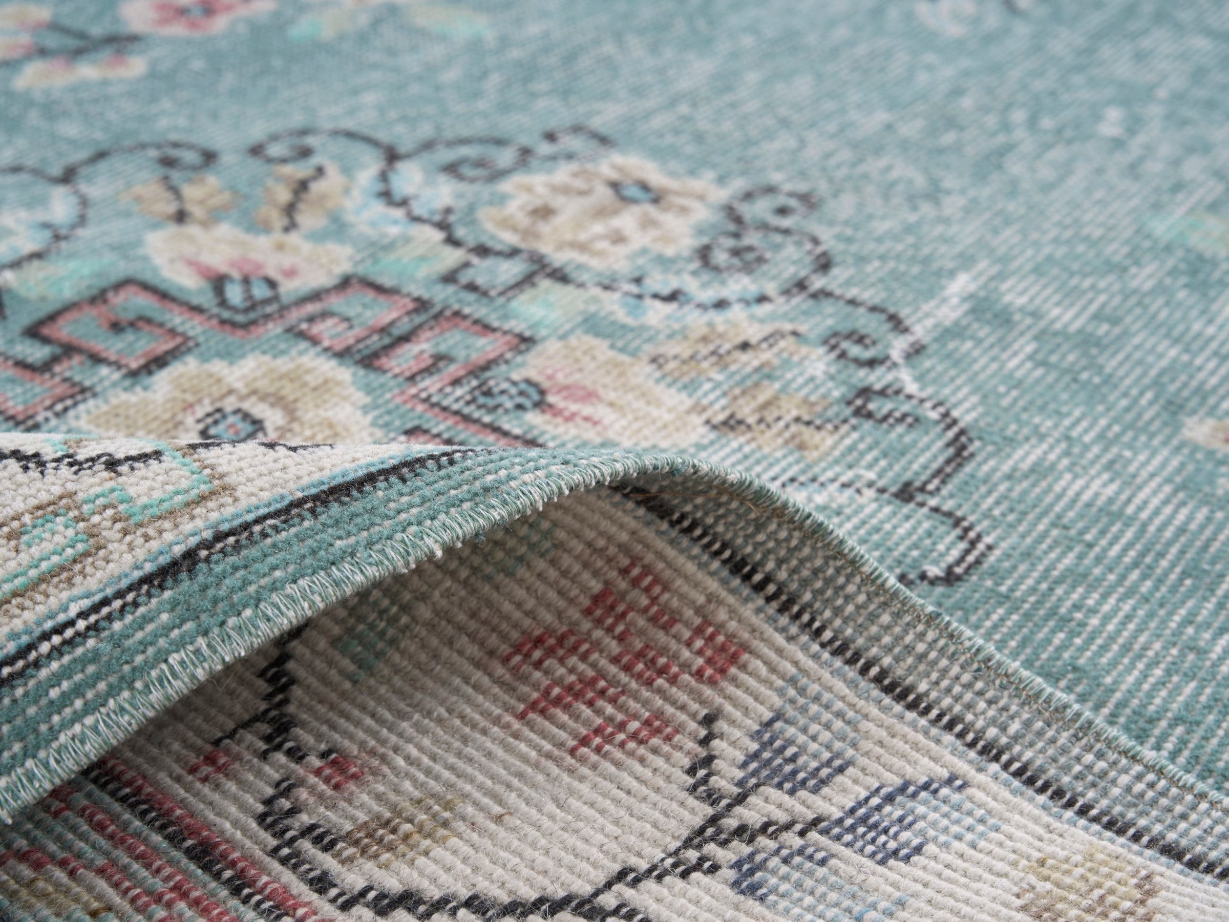Turkish Isparta area rug in dusty blue and muted pink, view 9 of 10
