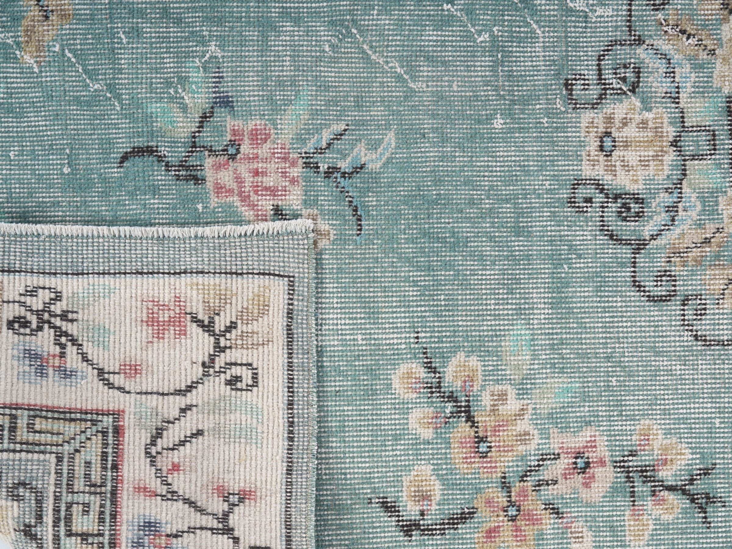 Turkish Isparta area rug in dusty blue and muted pink, view 10 of 10