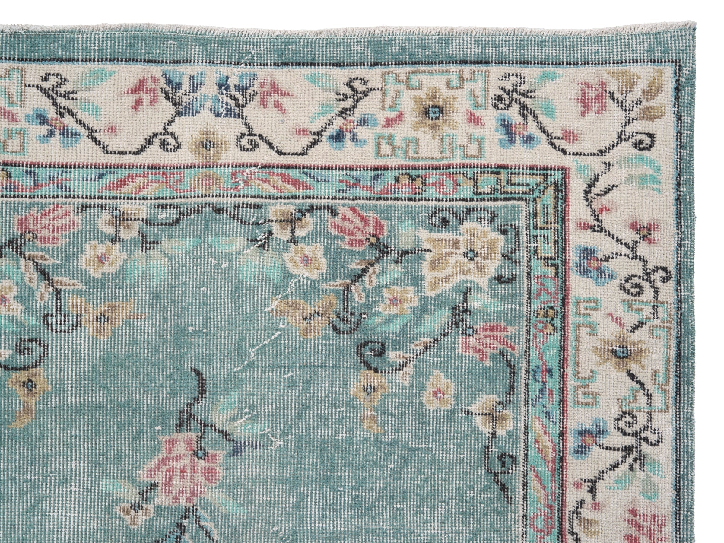 Turkish Isparta area rug in dusty blue and muted pink, view 8 of 10