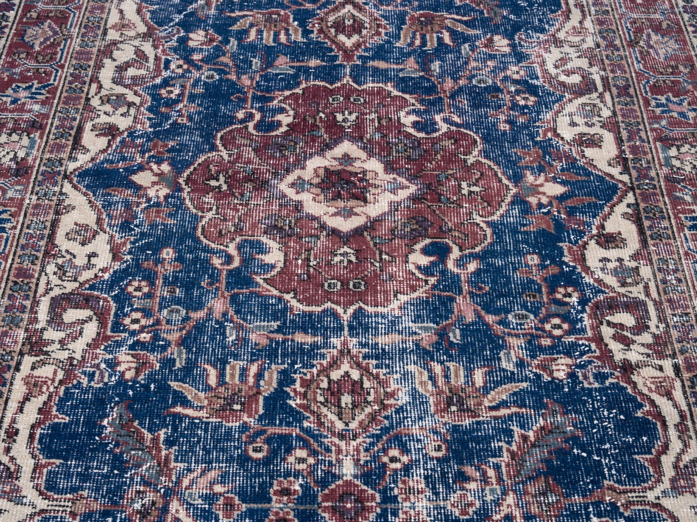 Turkish Isparta area rug in navy and burgundy, view 4 of 10