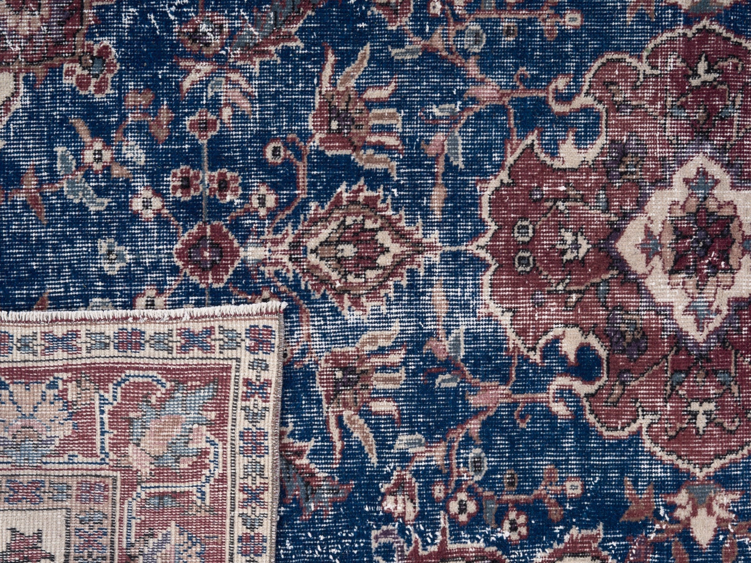 Turkish Isparta area rug in navy and burgundy, view 10 of 10