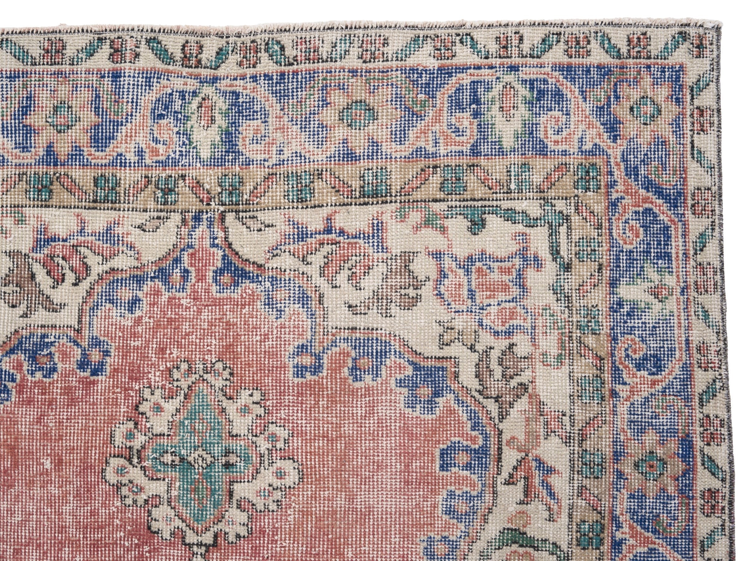 Turkish Isparta area rug in dusty rose and navy, view 8 of 10