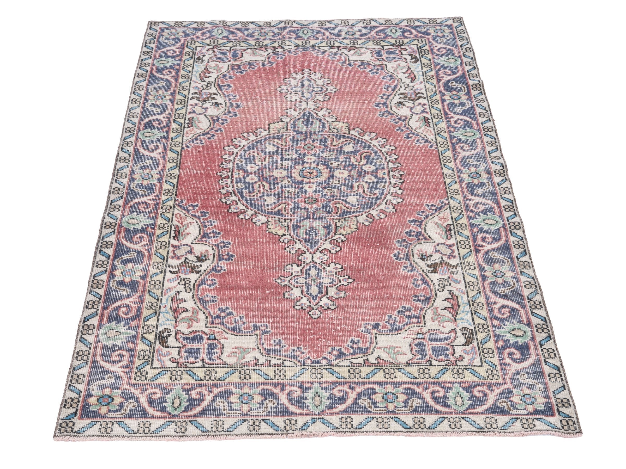 Turkish Isparta area rug in dusty rose and slate blue, view 2 of 10