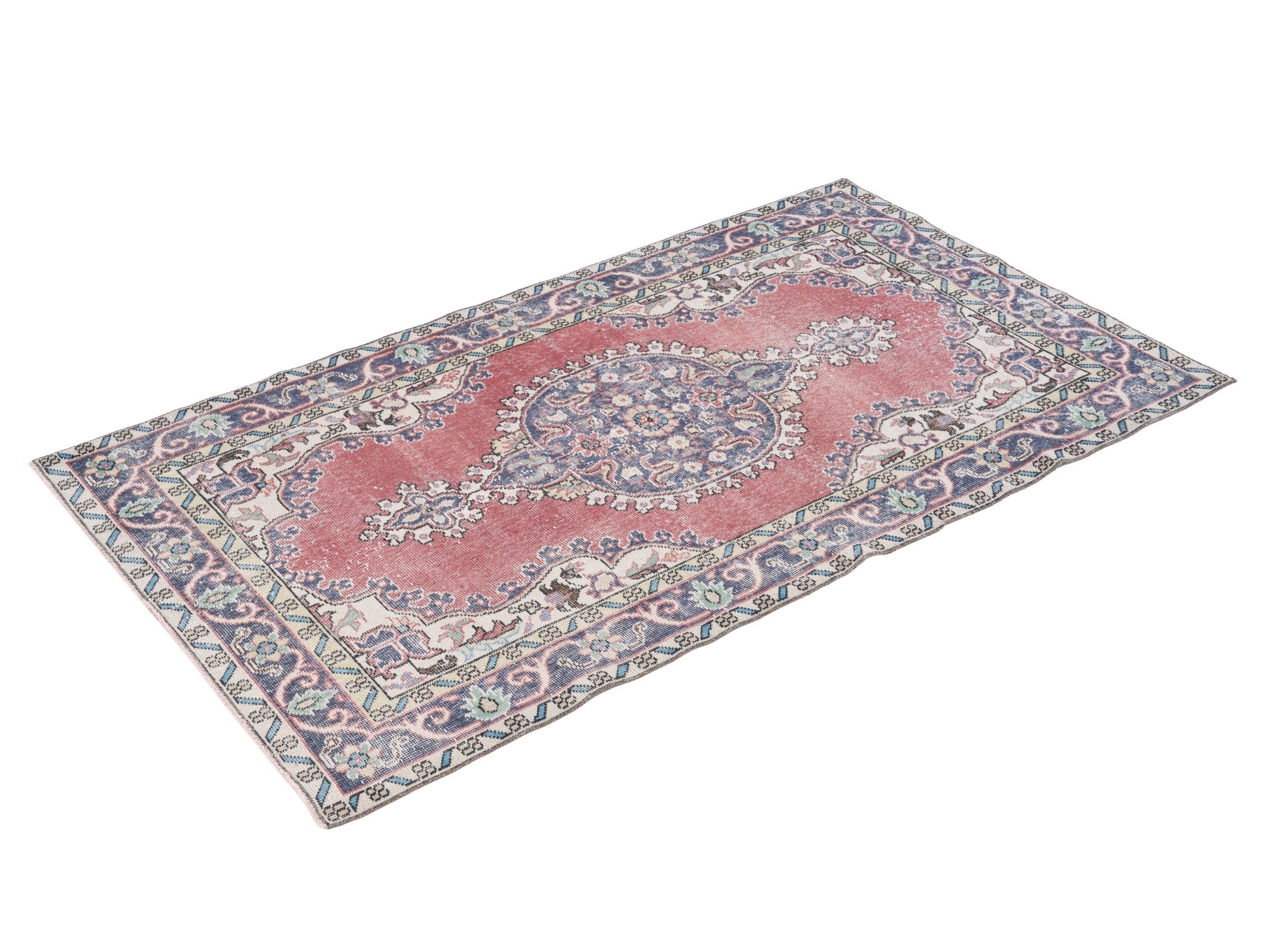 Turkish Isparta area rug in dusty rose and slate blue, view 3 of 10