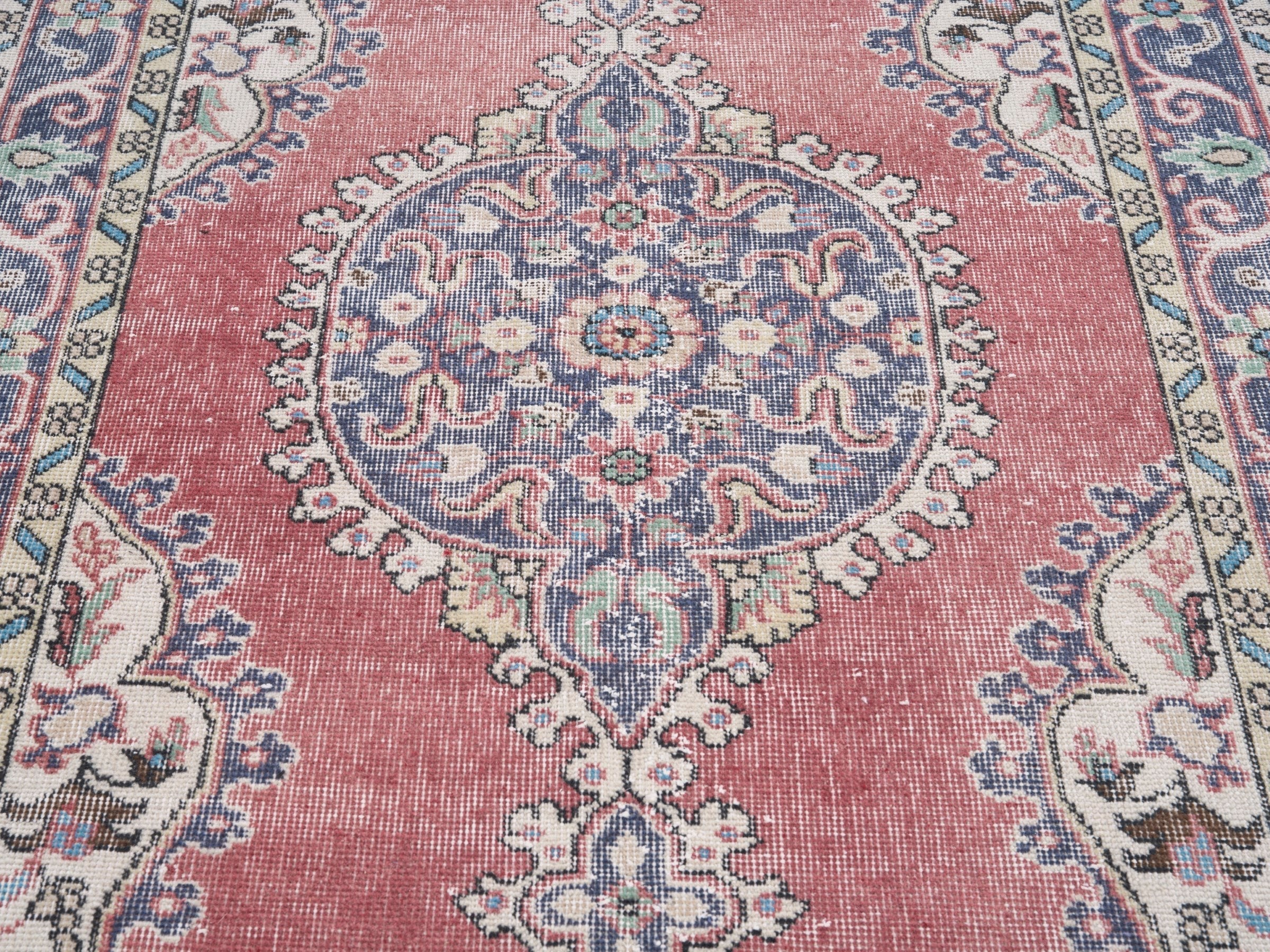 Turkish Isparta area rug in dusty rose and slate blue, view 4 of 10