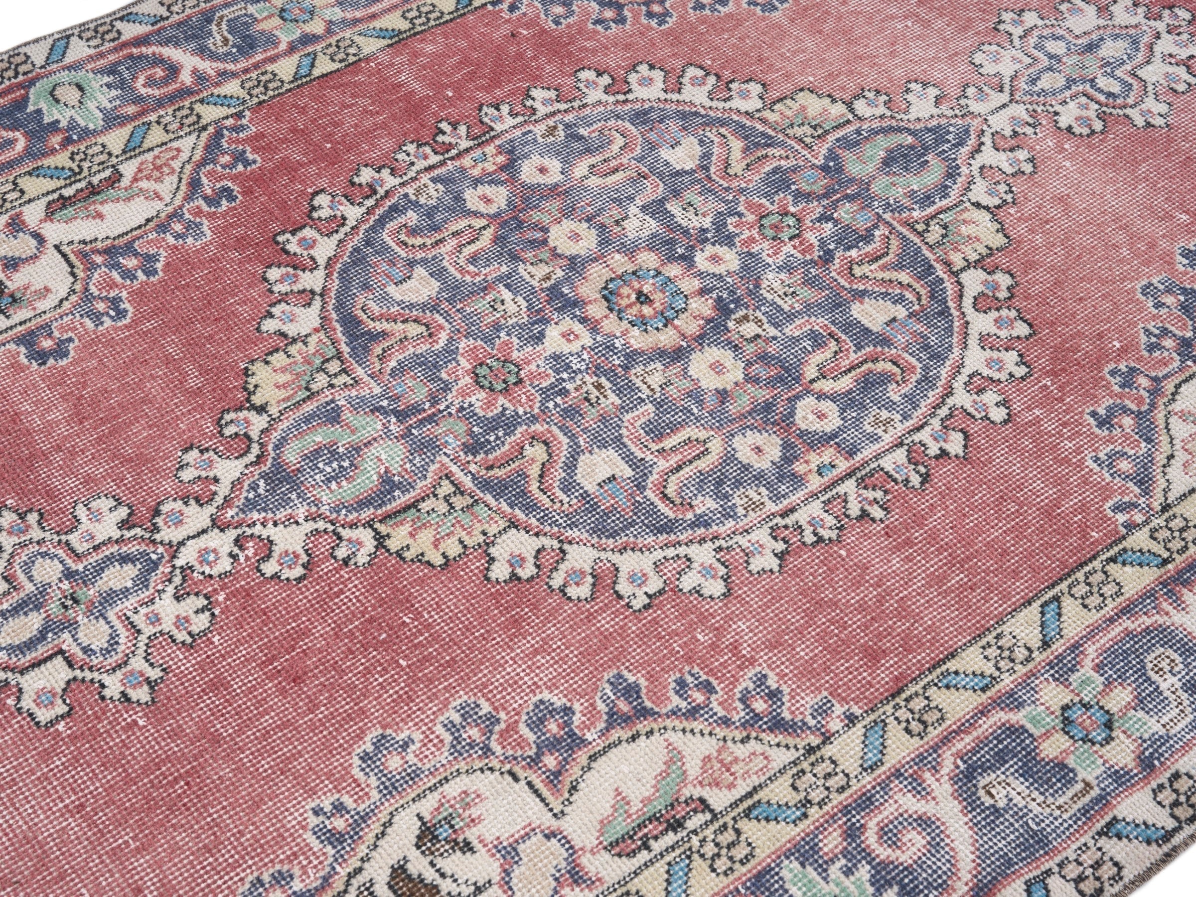 Turkish Isparta area rug in dusty rose and slate blue, view 5 of 10