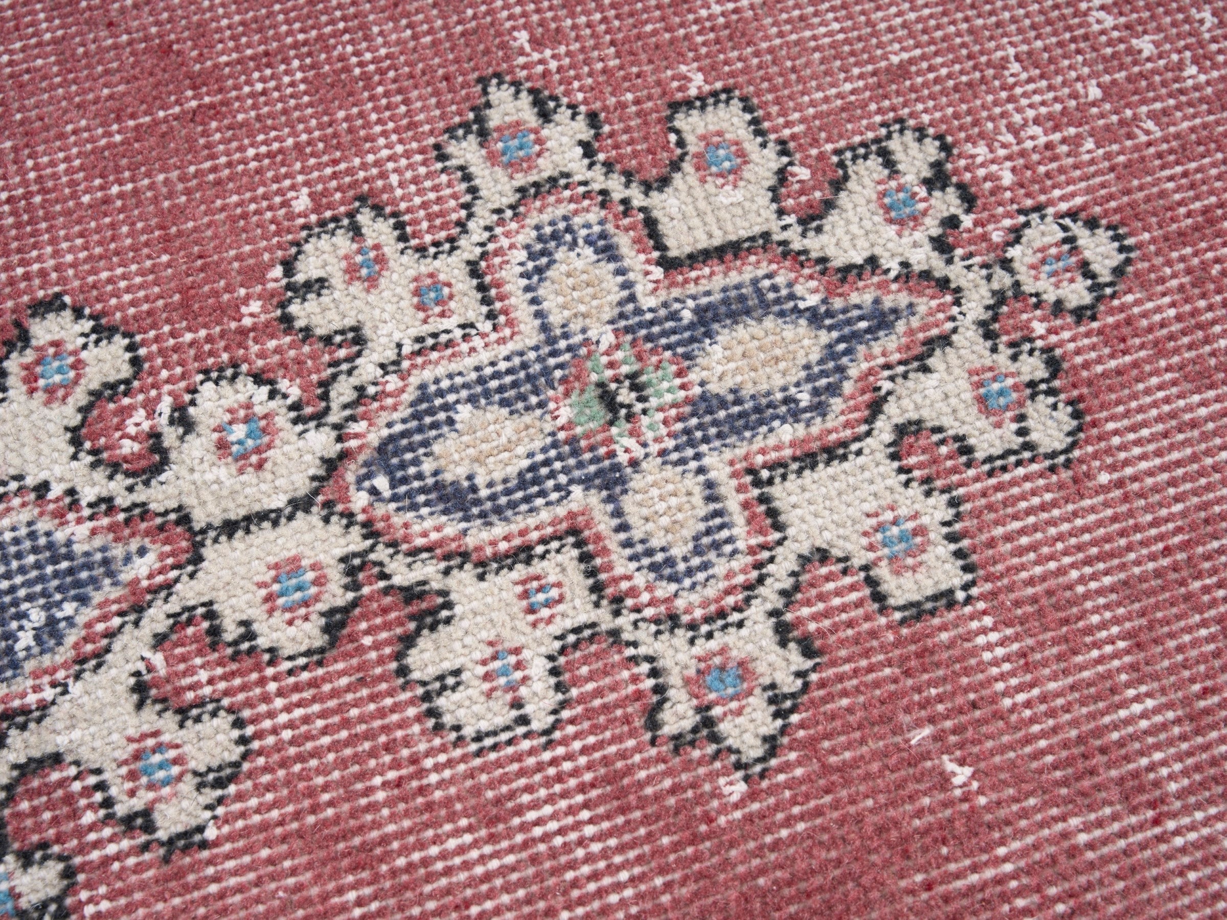 Turkish Isparta area rug in dusty rose and slate blue, view 7 of 10