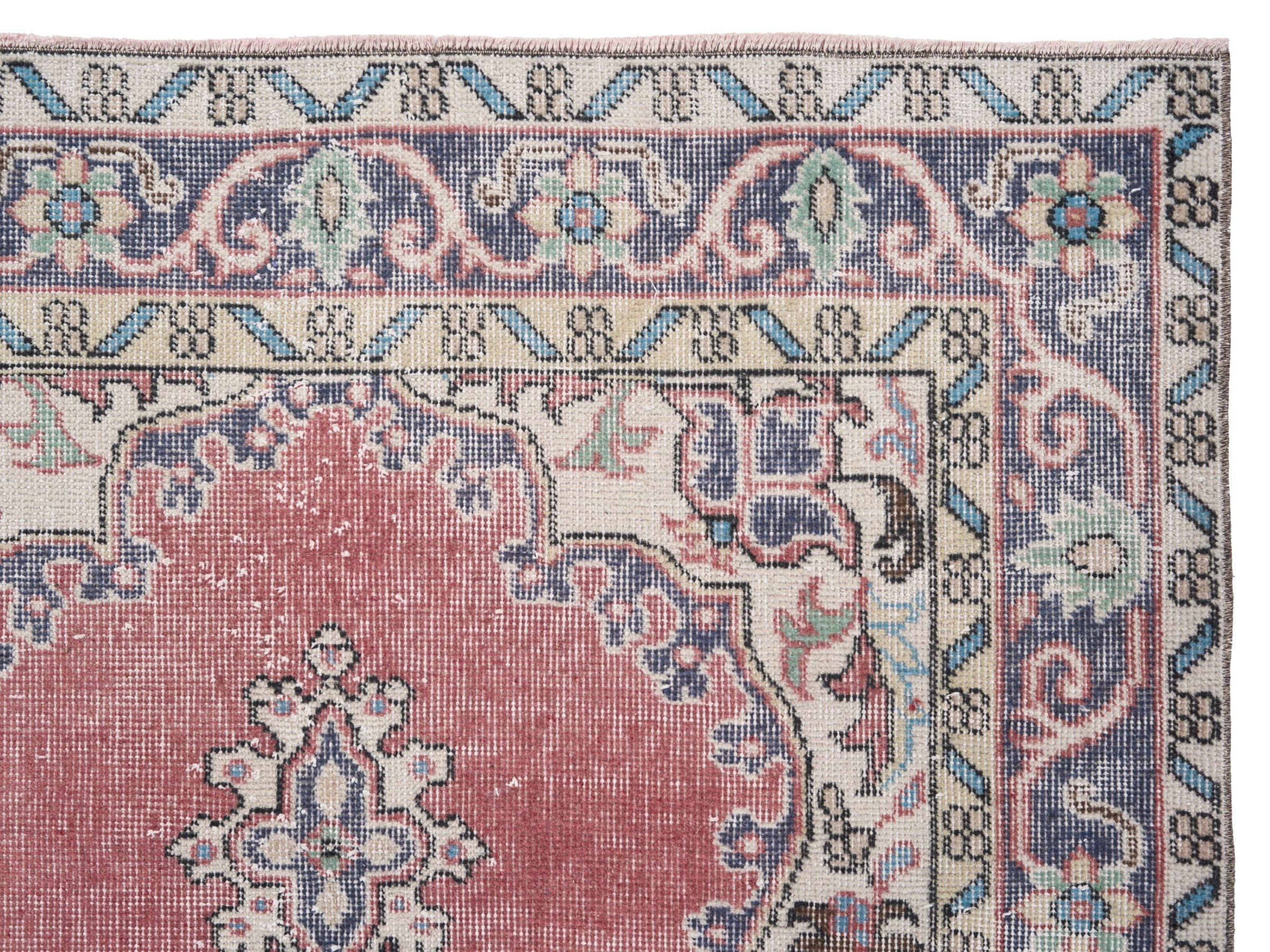 Turkish Isparta area rug in dusty rose and slate blue, view 8 of 10