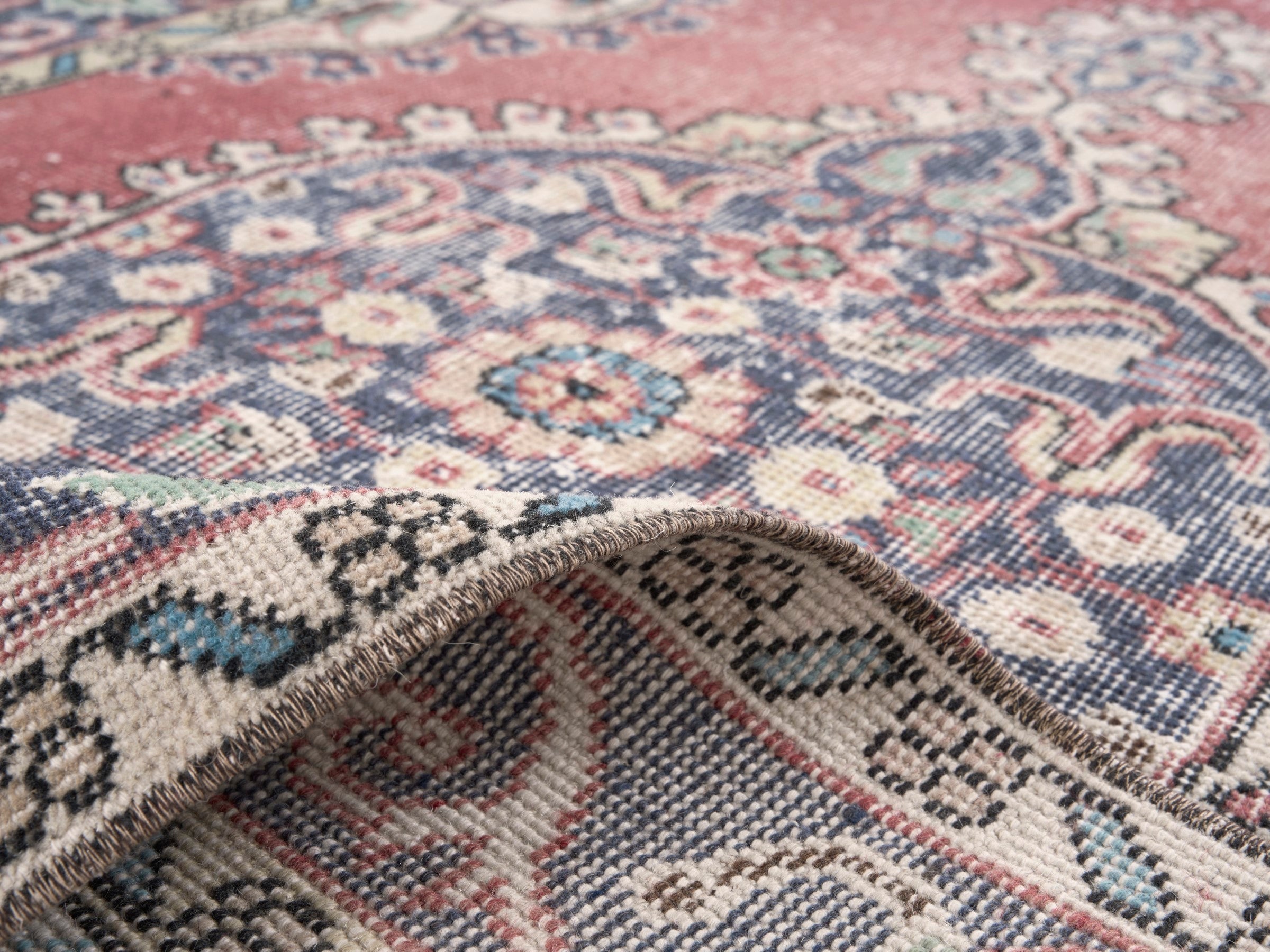 Turkish Isparta area rug in dusty rose and slate blue, view 9 of 10