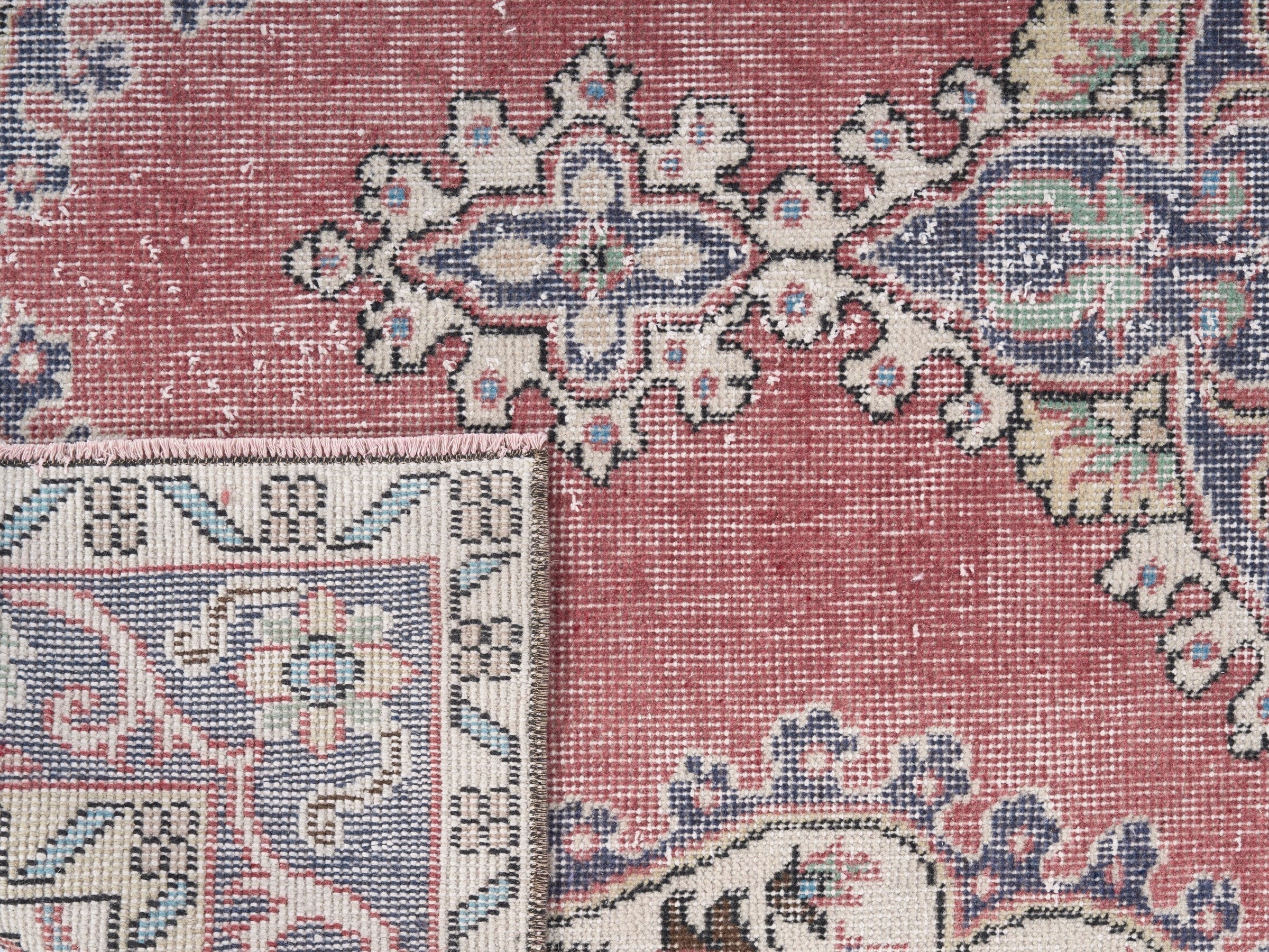 Turkish Isparta area rug in dusty rose and slate blue, view 10 of 10