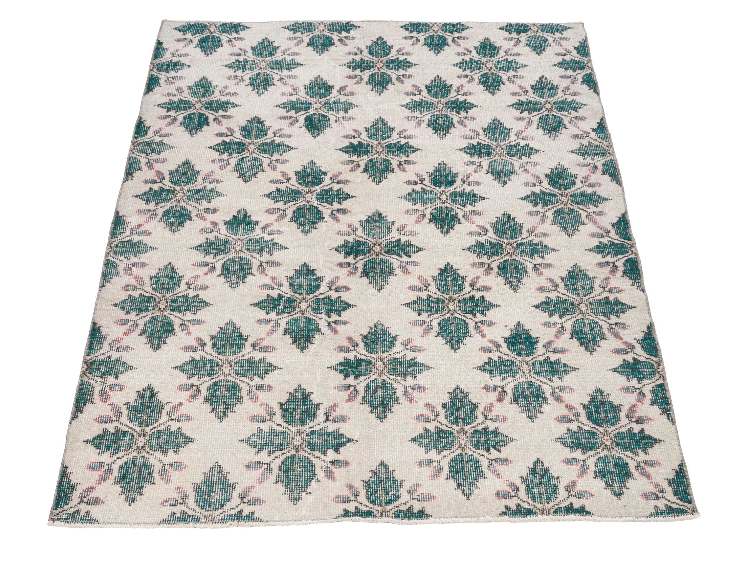 Turkish Isparta accent rug in muted pink and teal, view 2 of 10