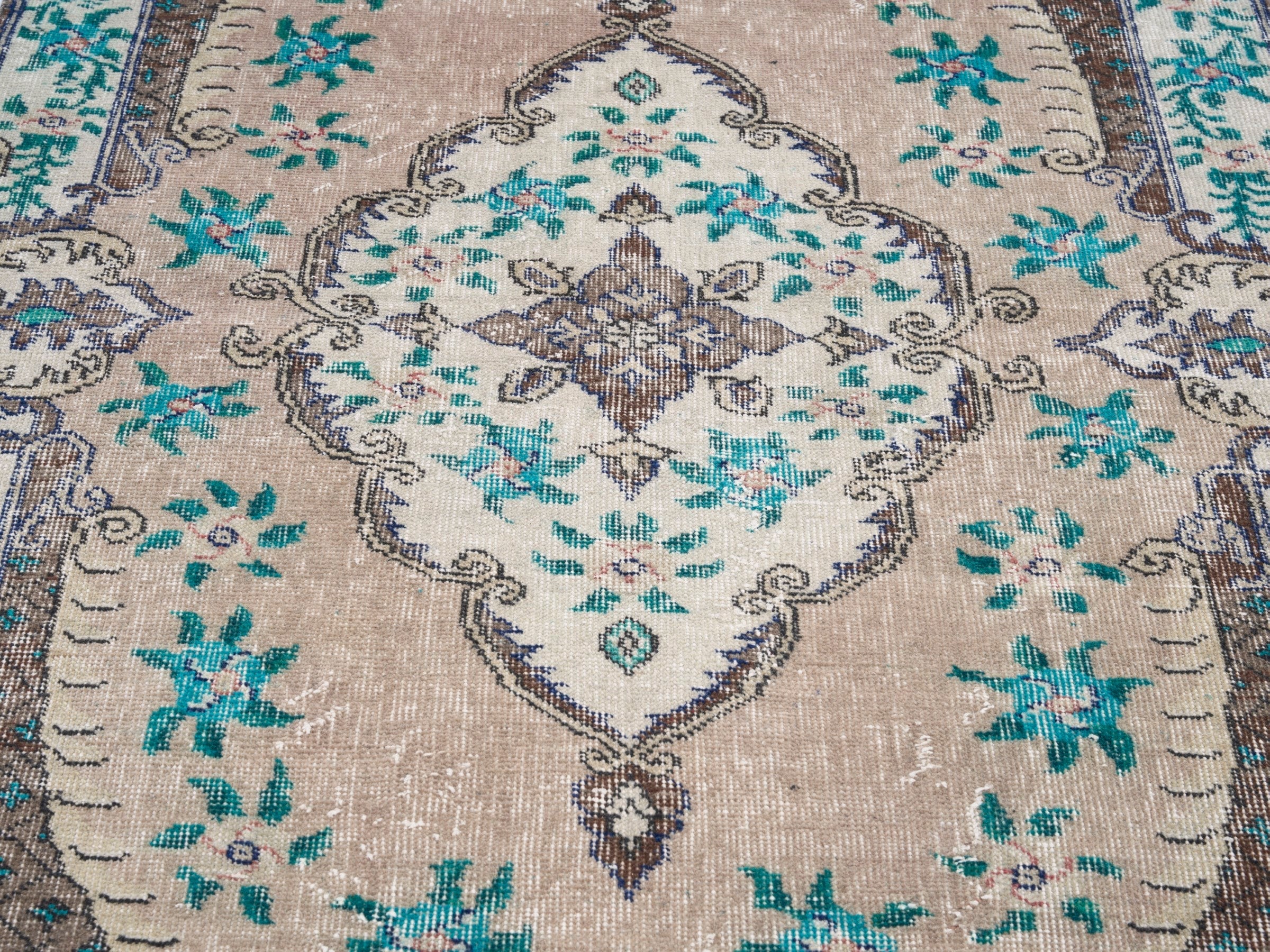 Turkish Isparta area rug in cream and dark brown, view 4 of 10