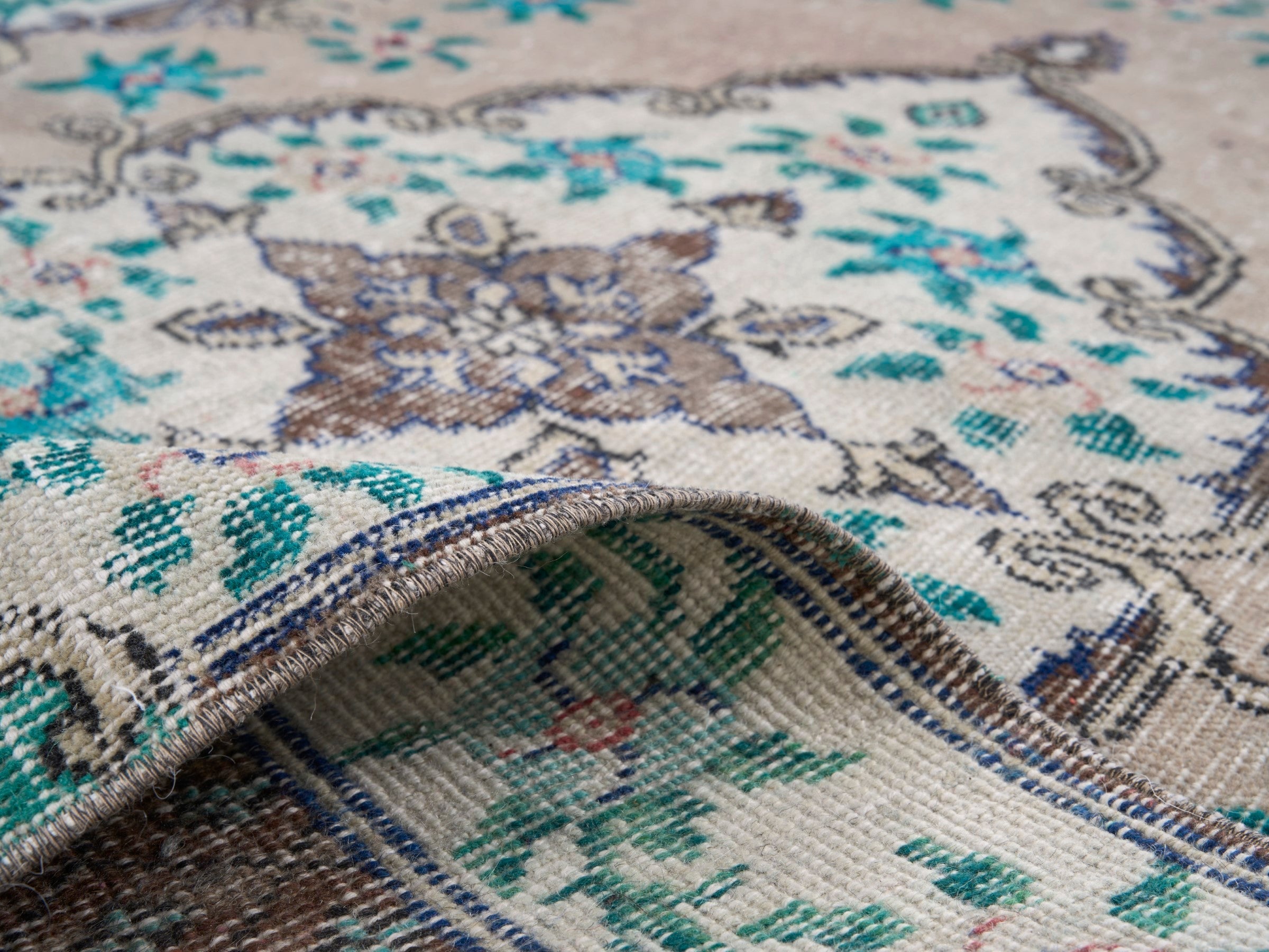 Turkish Isparta area rug in cream and dark brown, view 9 of 10