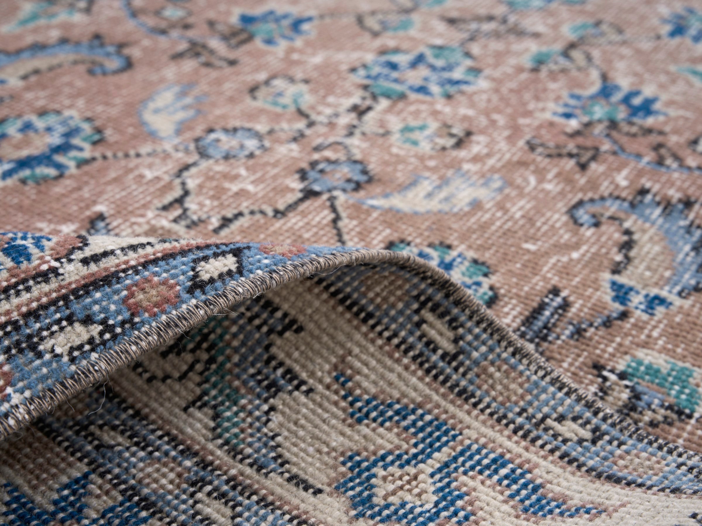 Turkish Isparta area rug in terracotta and denim, view 9 of 10
