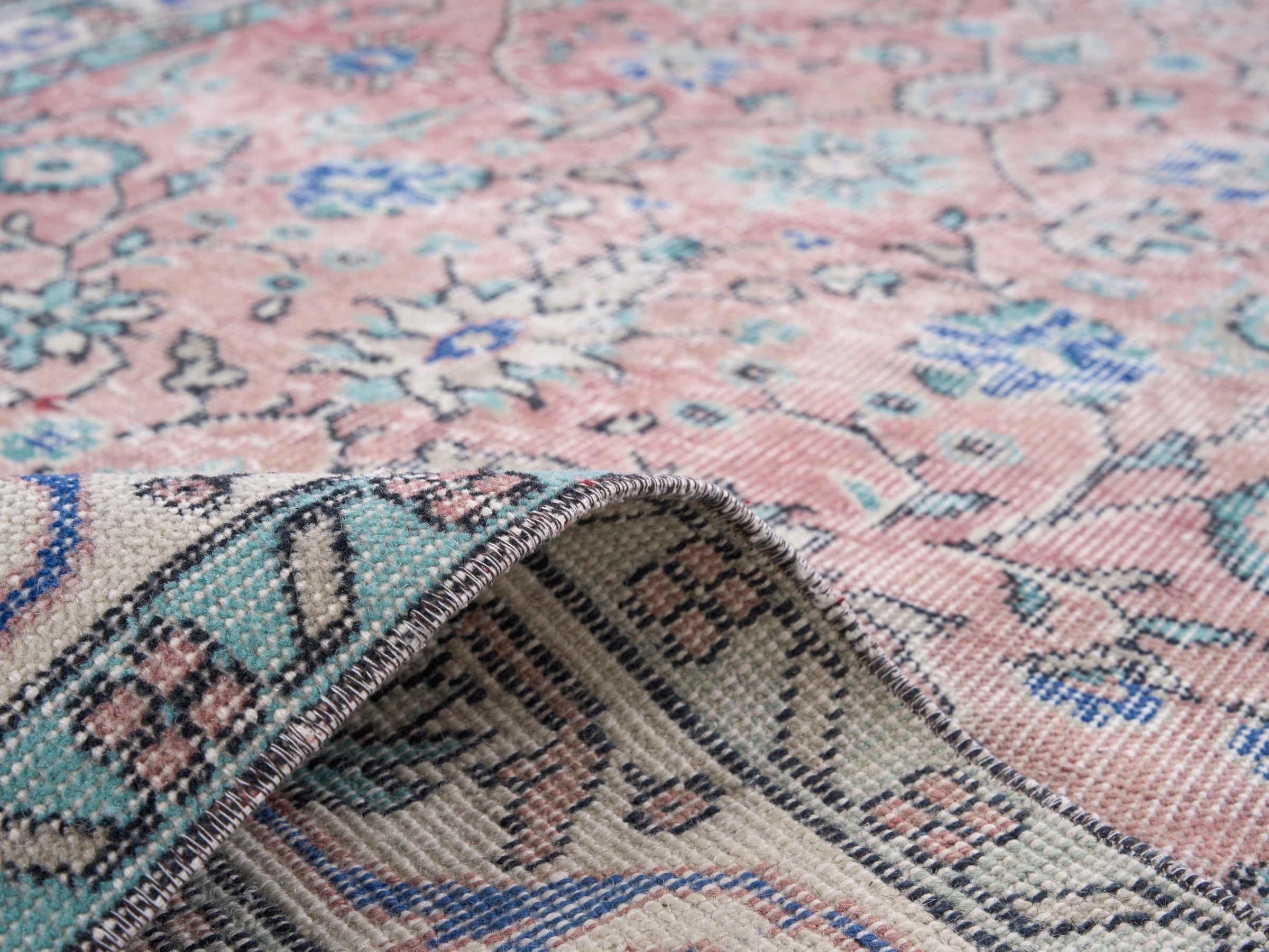 Turkish Isparta area rug in muted pink and dusty rose, view 9 of 10