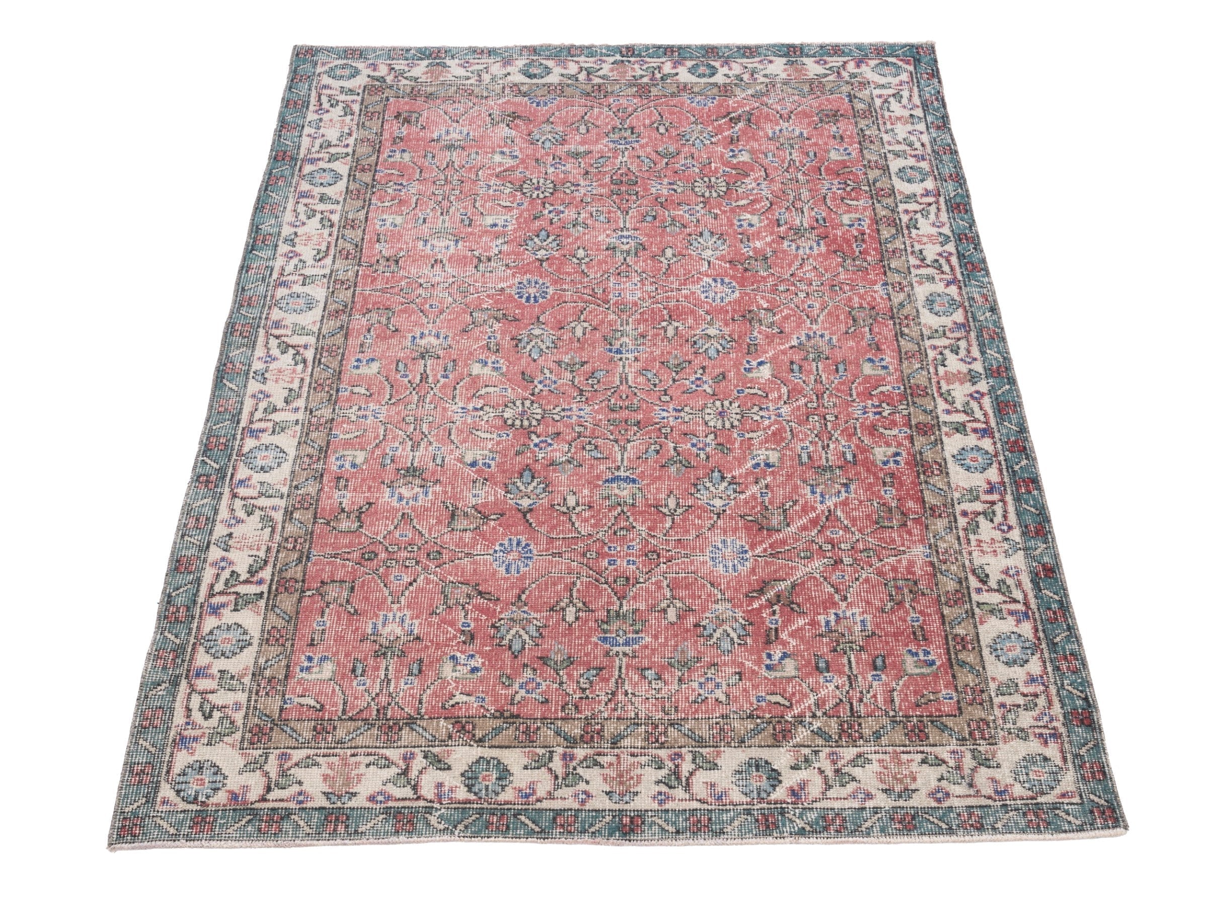 Turkish Isparta area rug in faded red and cream, view 2 of 10