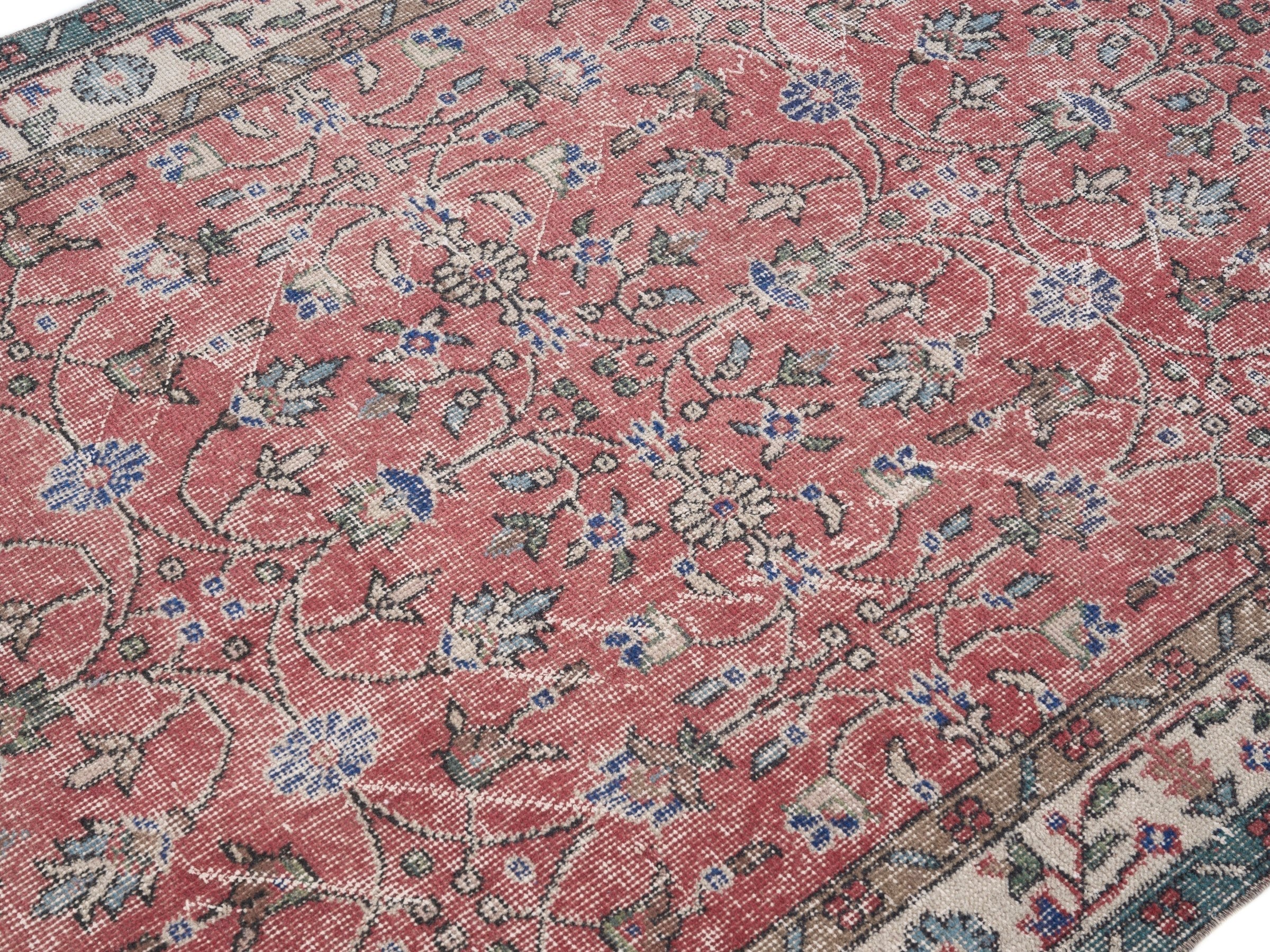 Turkish Isparta area rug in faded red and cream, view 5 of 10