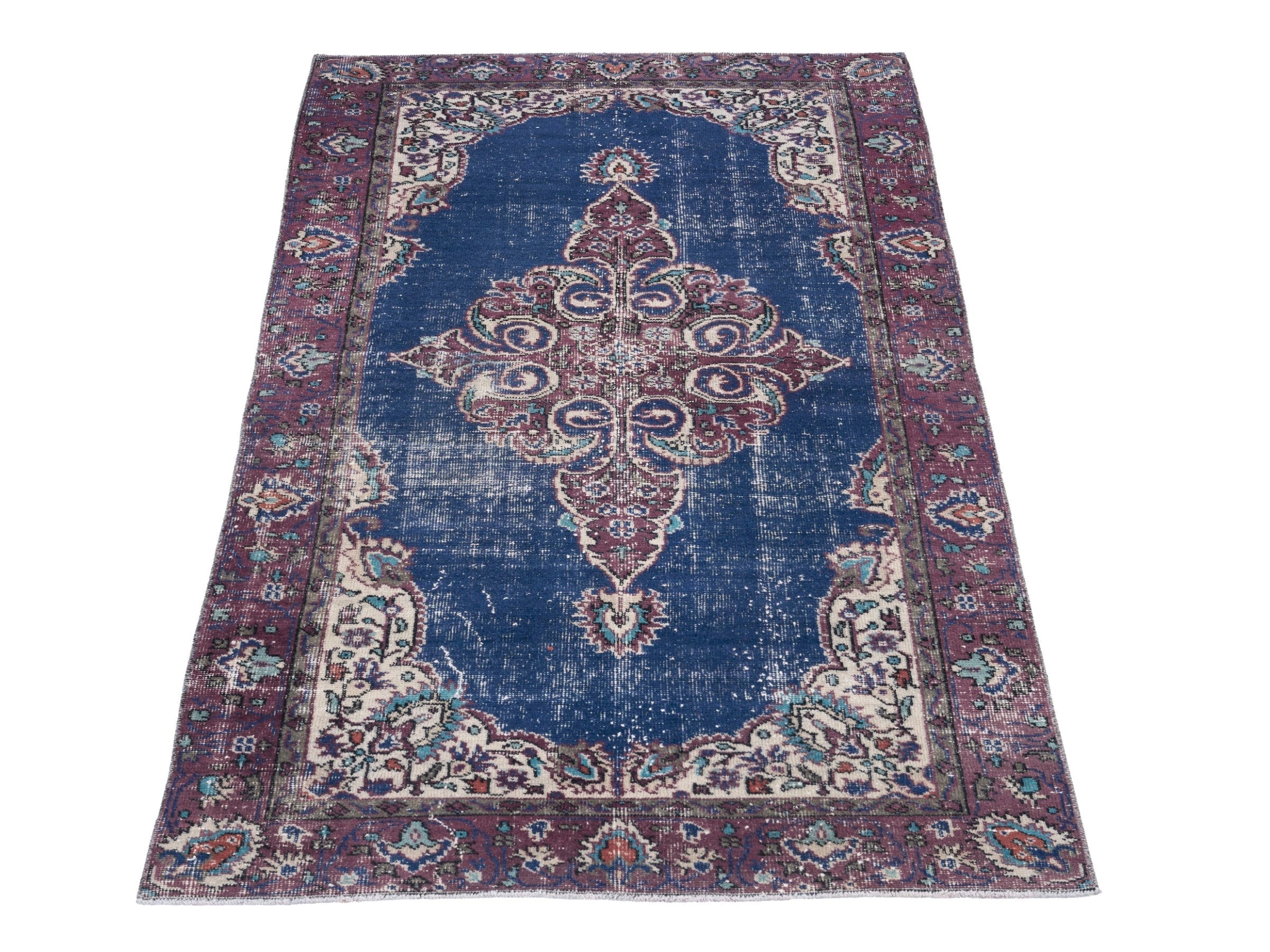 Turkish Isparta accent rug in navy and burgundy, view 2 of 10