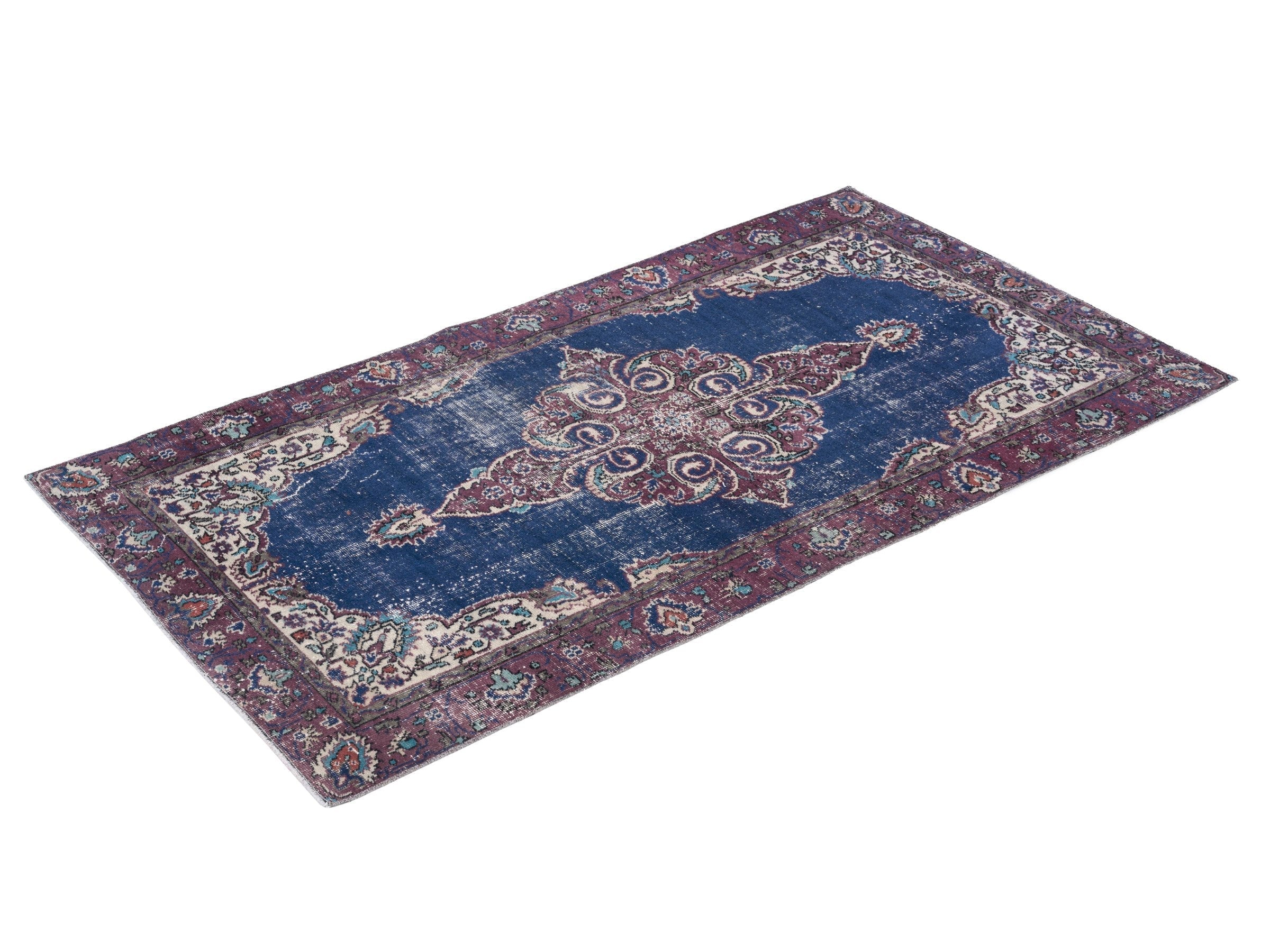 Turkish Isparta accent rug in navy and burgundy, view 3 of 10