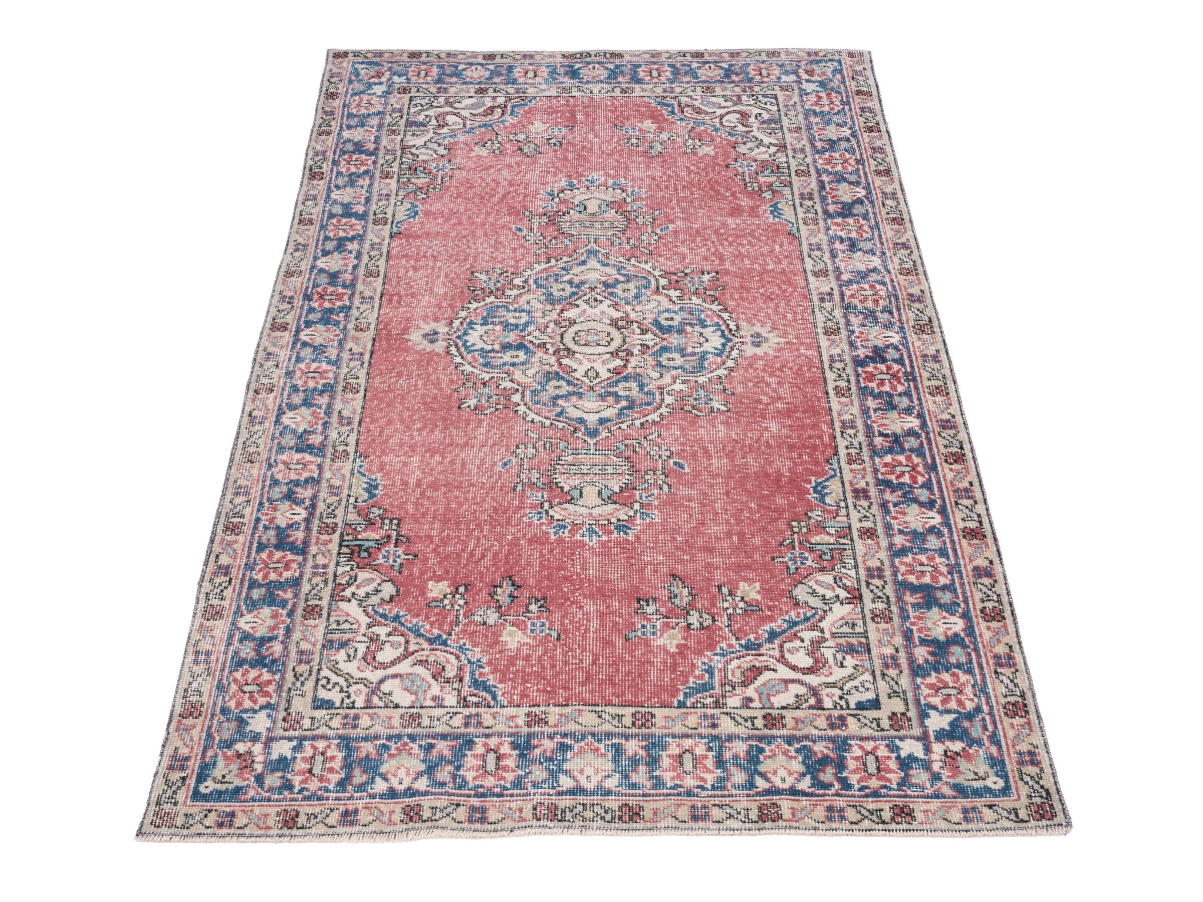 Turkish Isparta area rug in dusty rose and navy, view 2 of 10