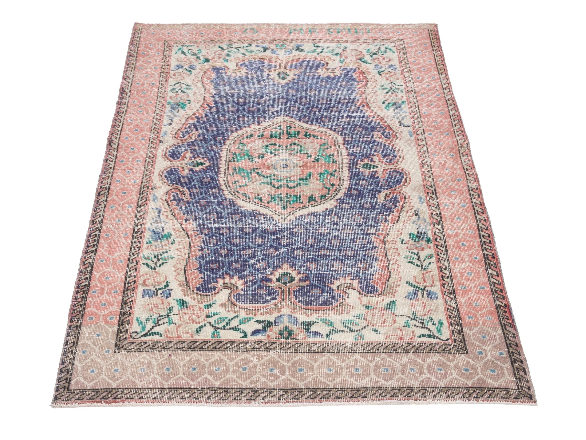 Turkish Isparta area rug in deep indigo and rose, view 2 of 10