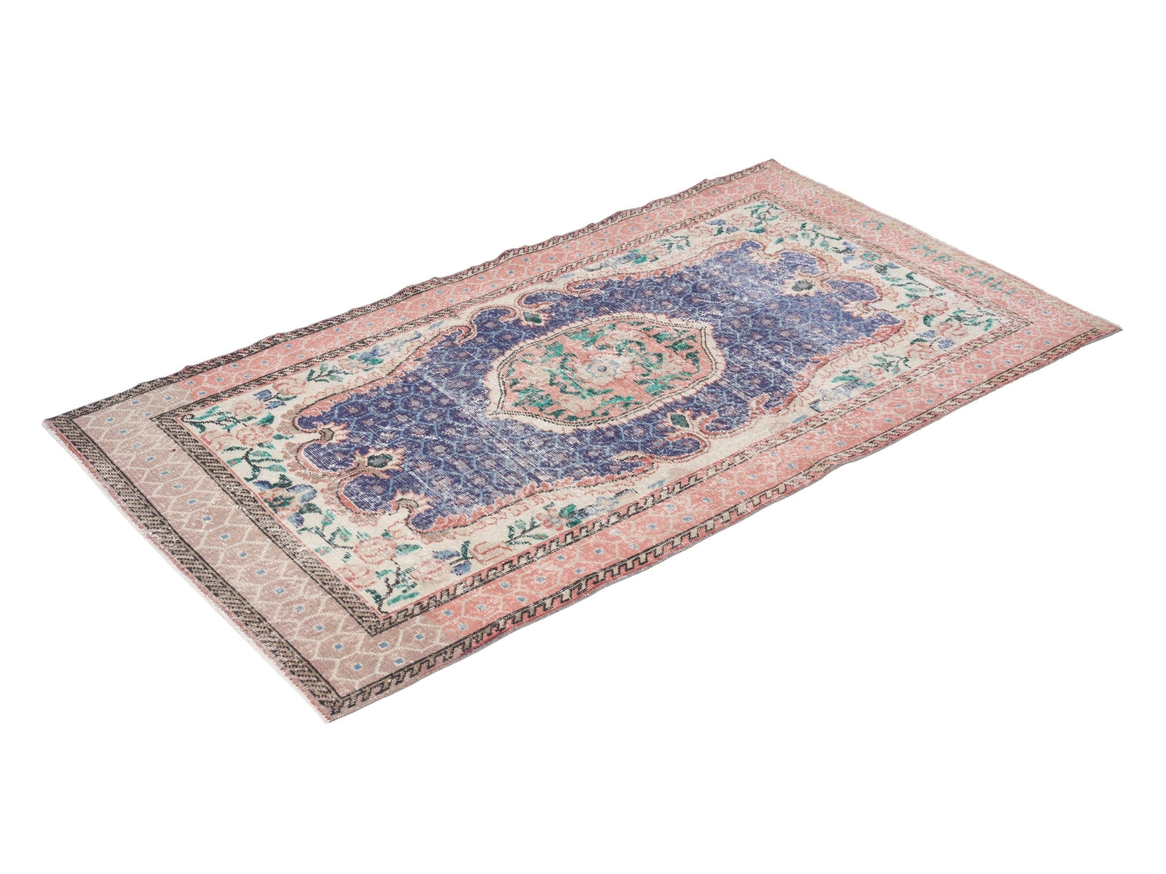 Turkish Isparta area rug in deep indigo and rose, view 3 of 10