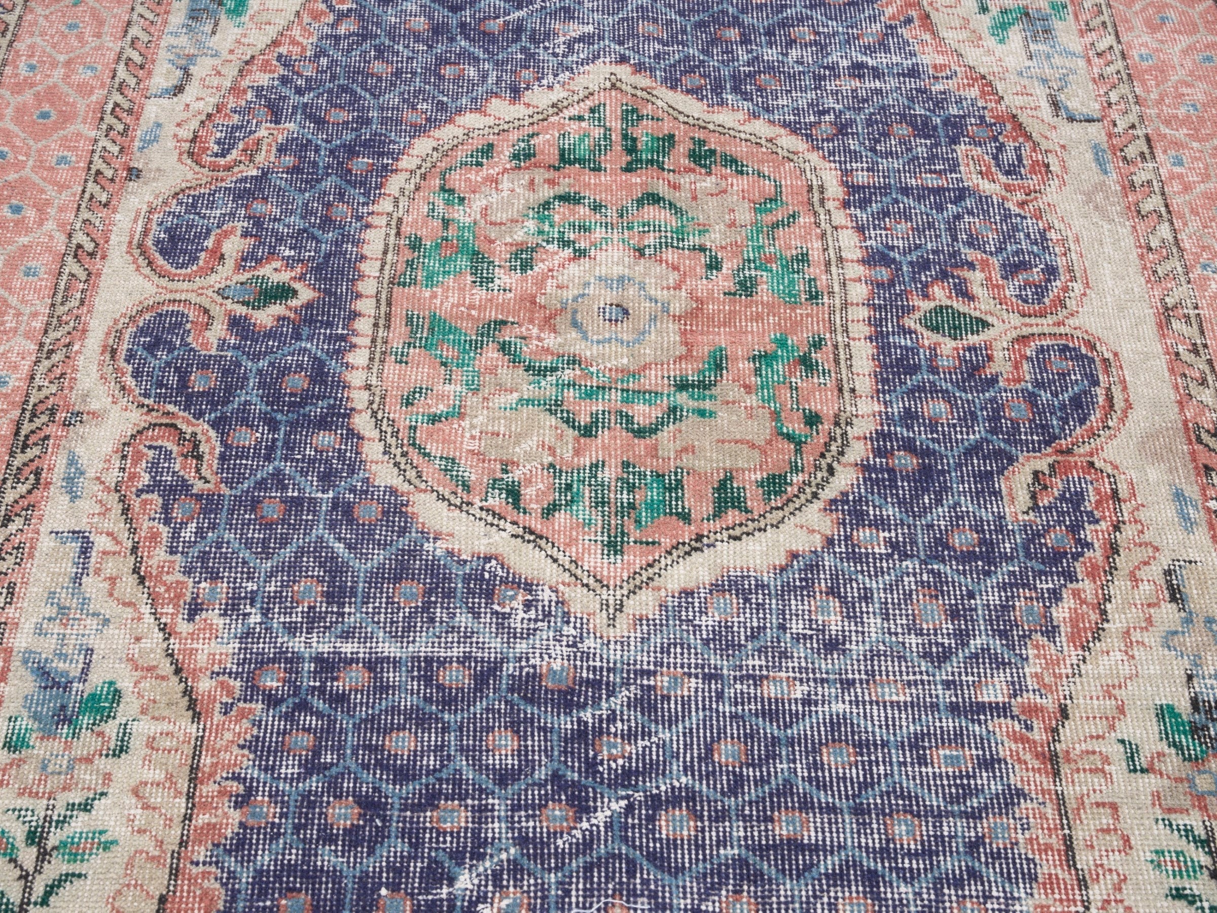 Turkish Isparta area rug in deep indigo and rose, view 4 of 10