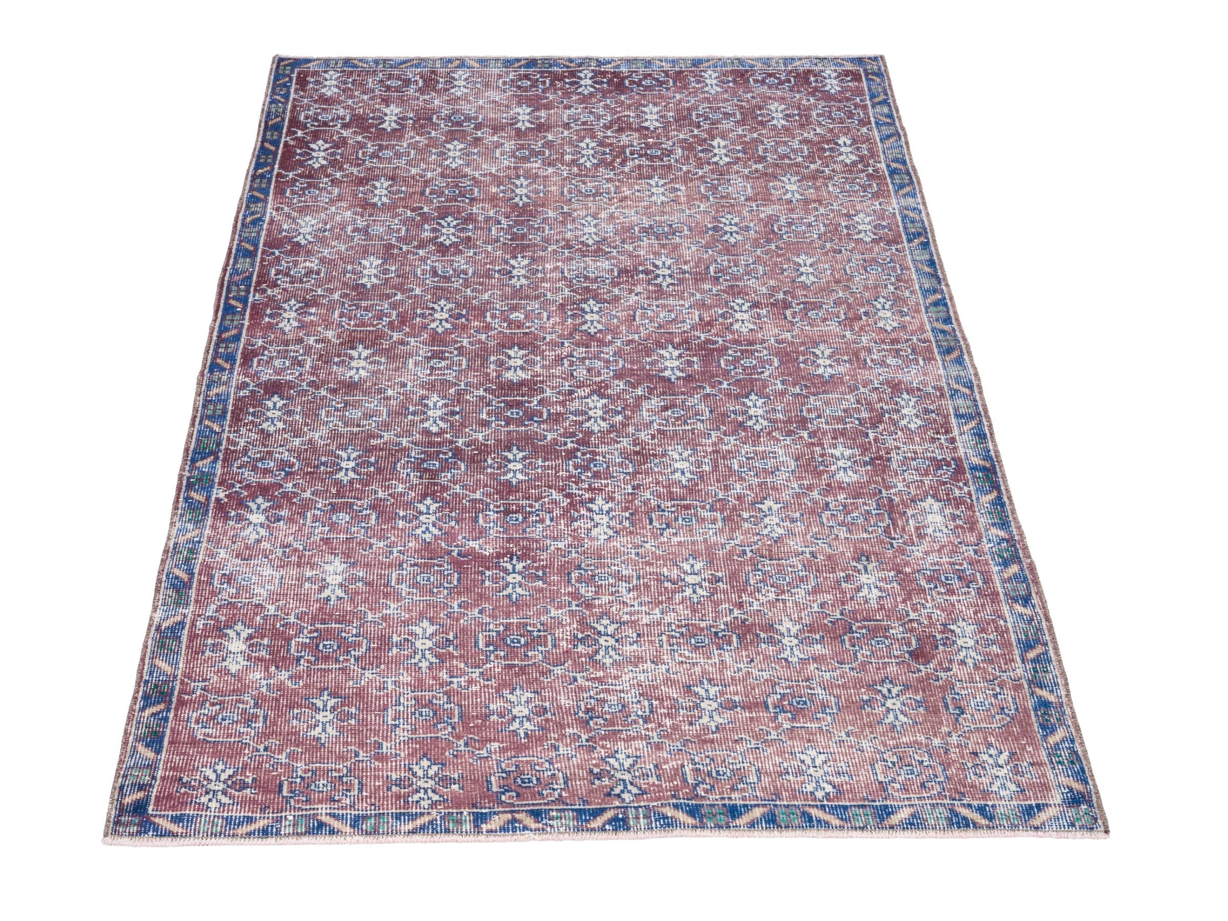 Turkish Isparta accent rug in faded red and denim, view 2 of 10
