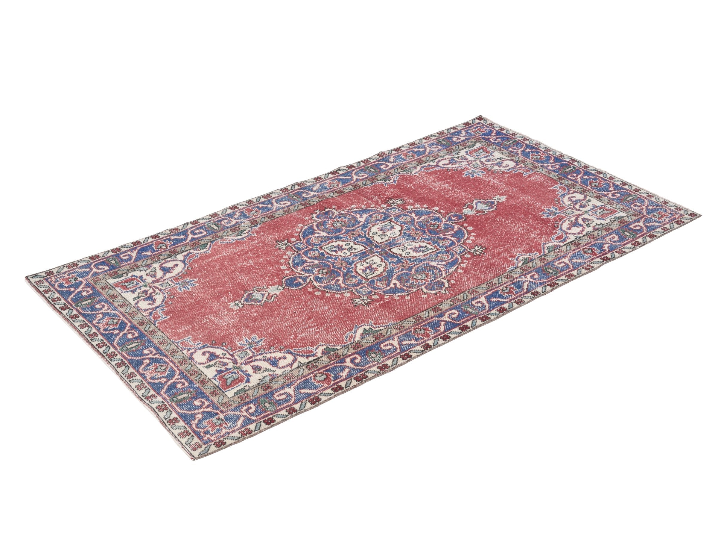 Turkish Isparta area rug in rose and navy, view 3 of 10