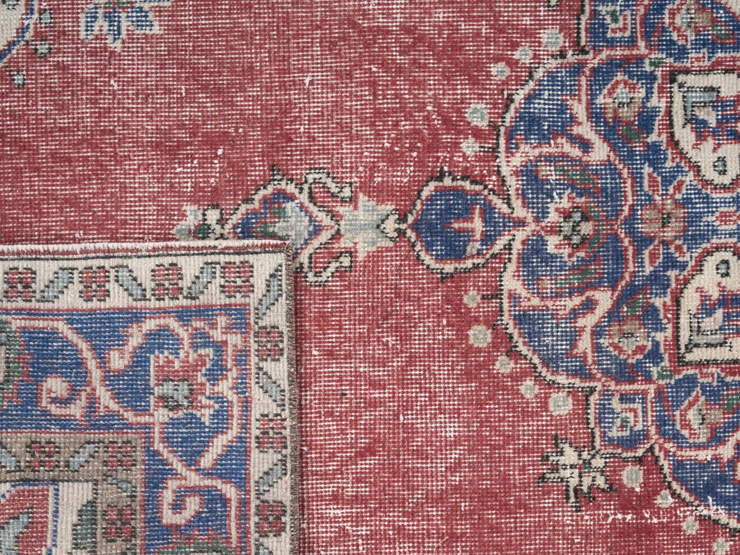 Turkish Isparta area rug in rose and navy, view 10 of 10