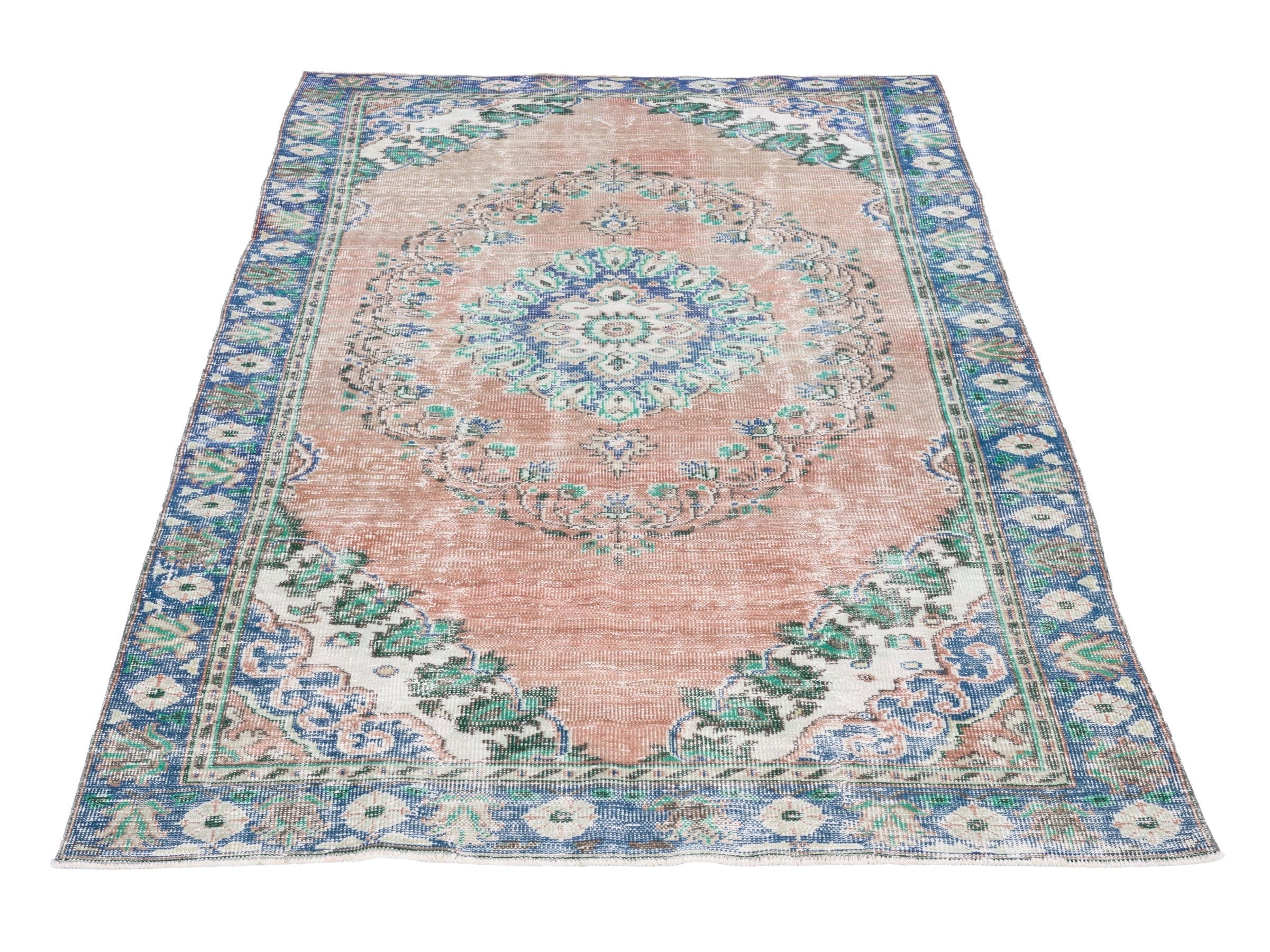 Turkish Manisa area rug in muted pink and navy, view 2 of 10