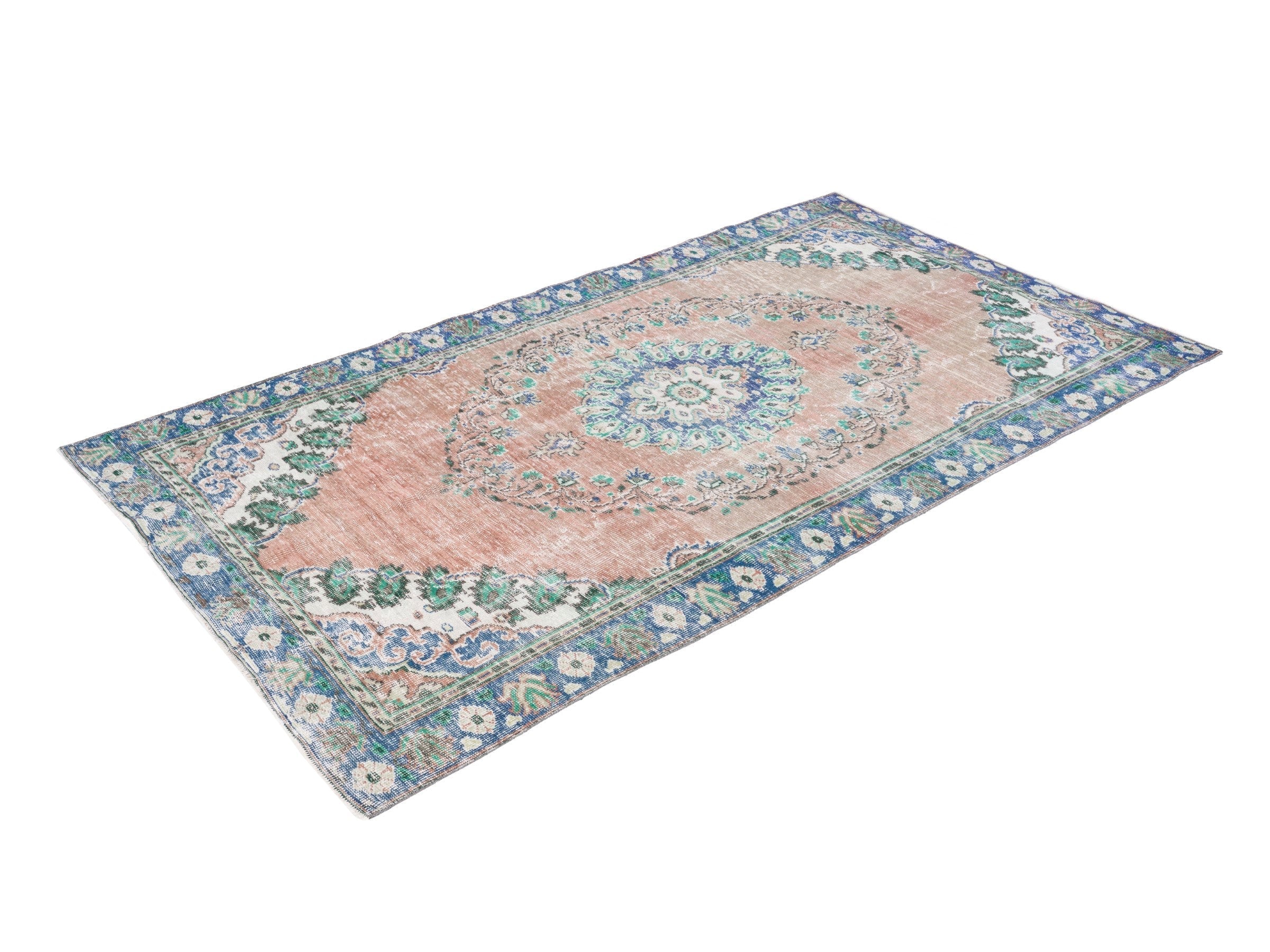 Turkish Manisa area rug in muted pink and navy, view 3 of 10