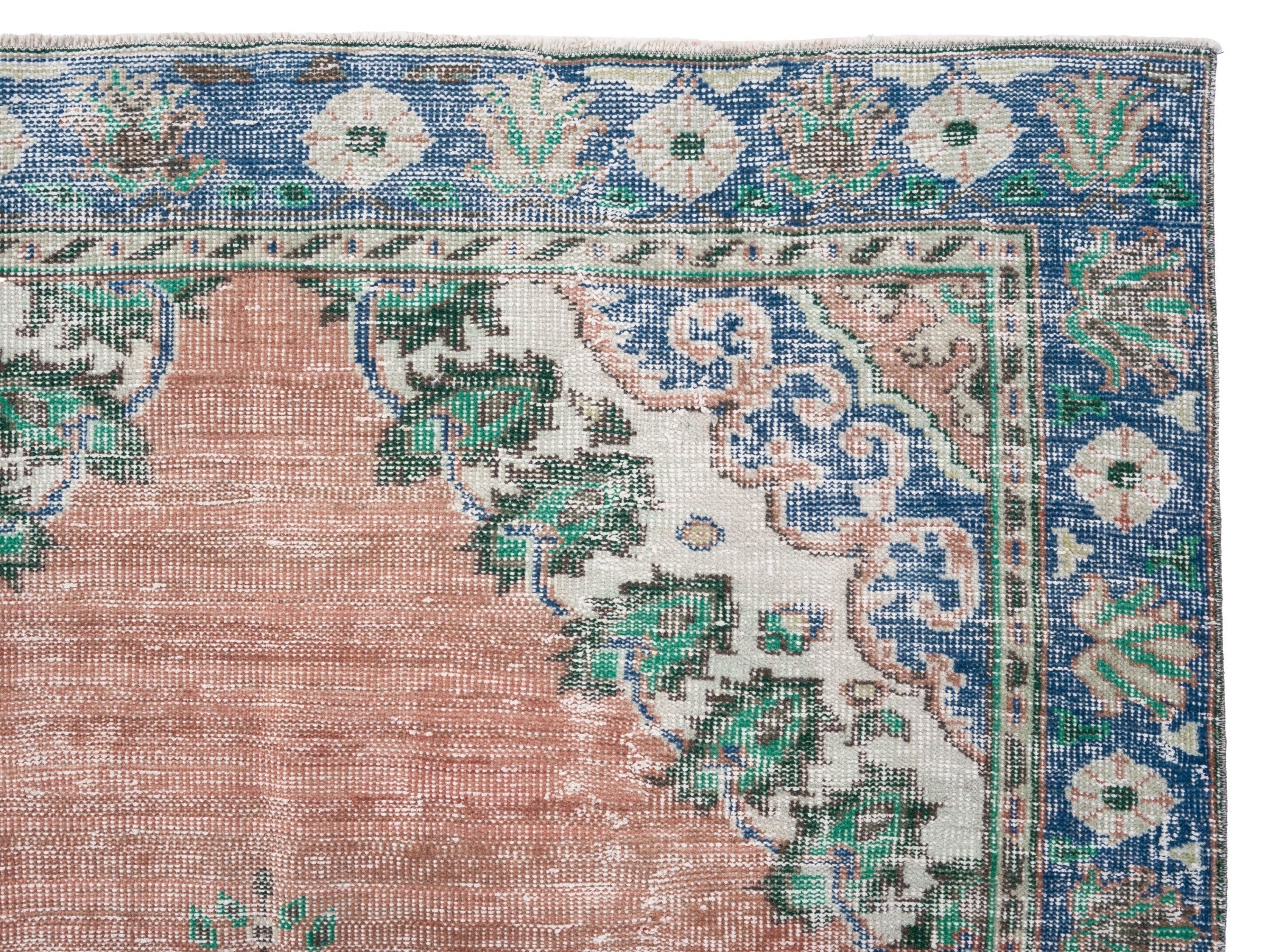 Turkish Manisa area rug in muted pink and navy, view 8 of 10