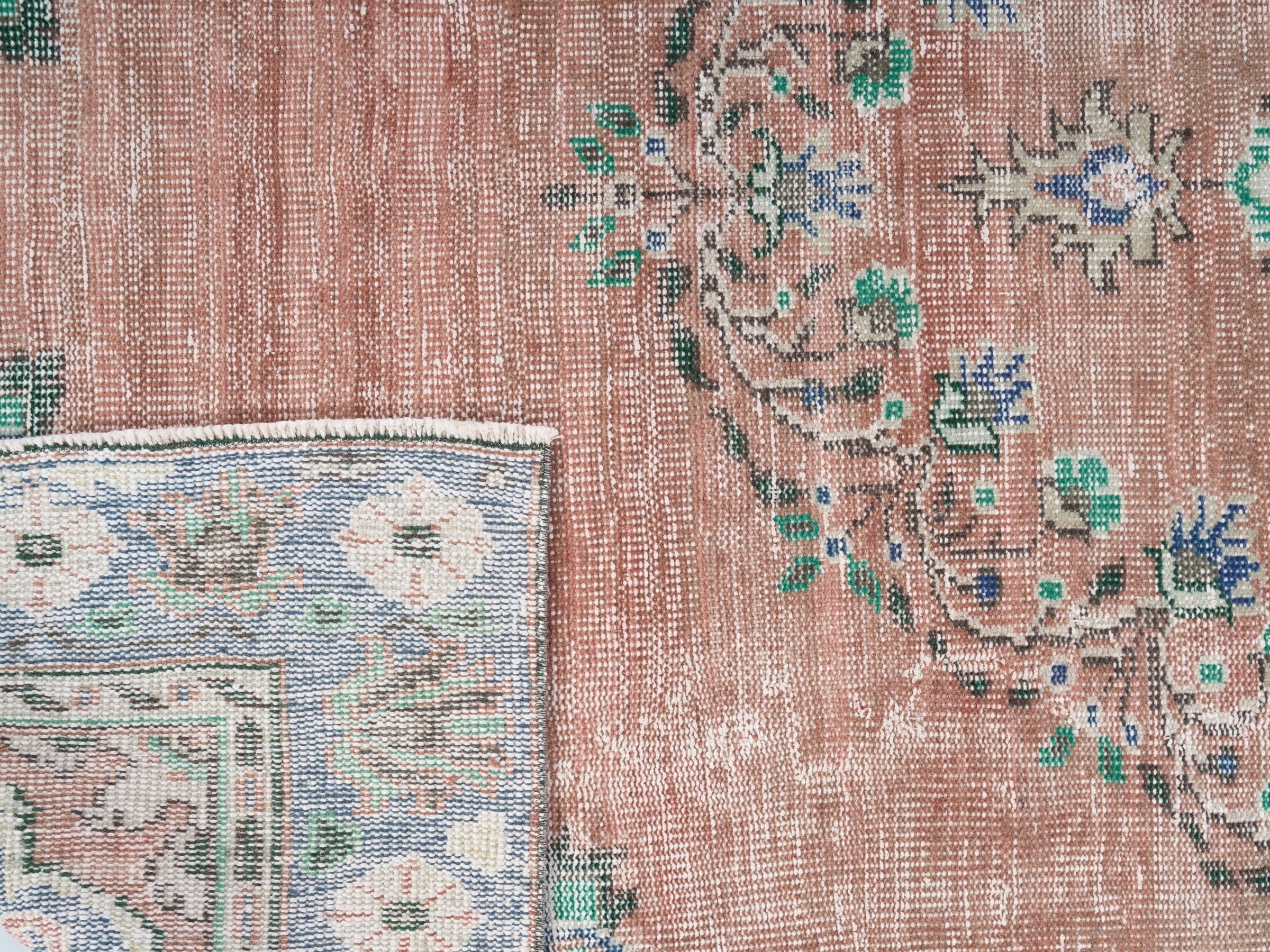 Turkish Manisa area rug in muted pink and navy, view 10 of 10