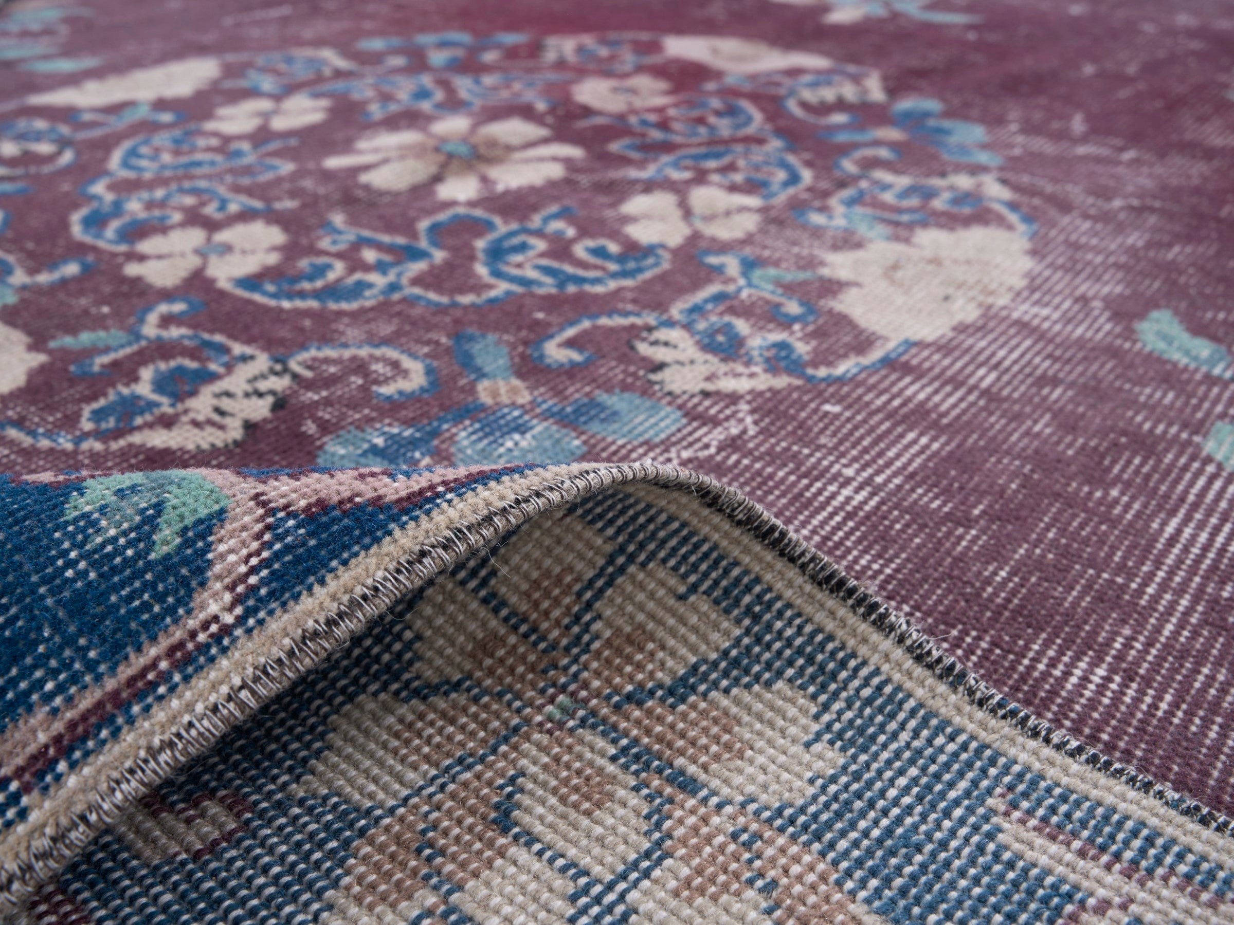 Turkish Isparta area rug in burgundy and navy, view 9 of 10