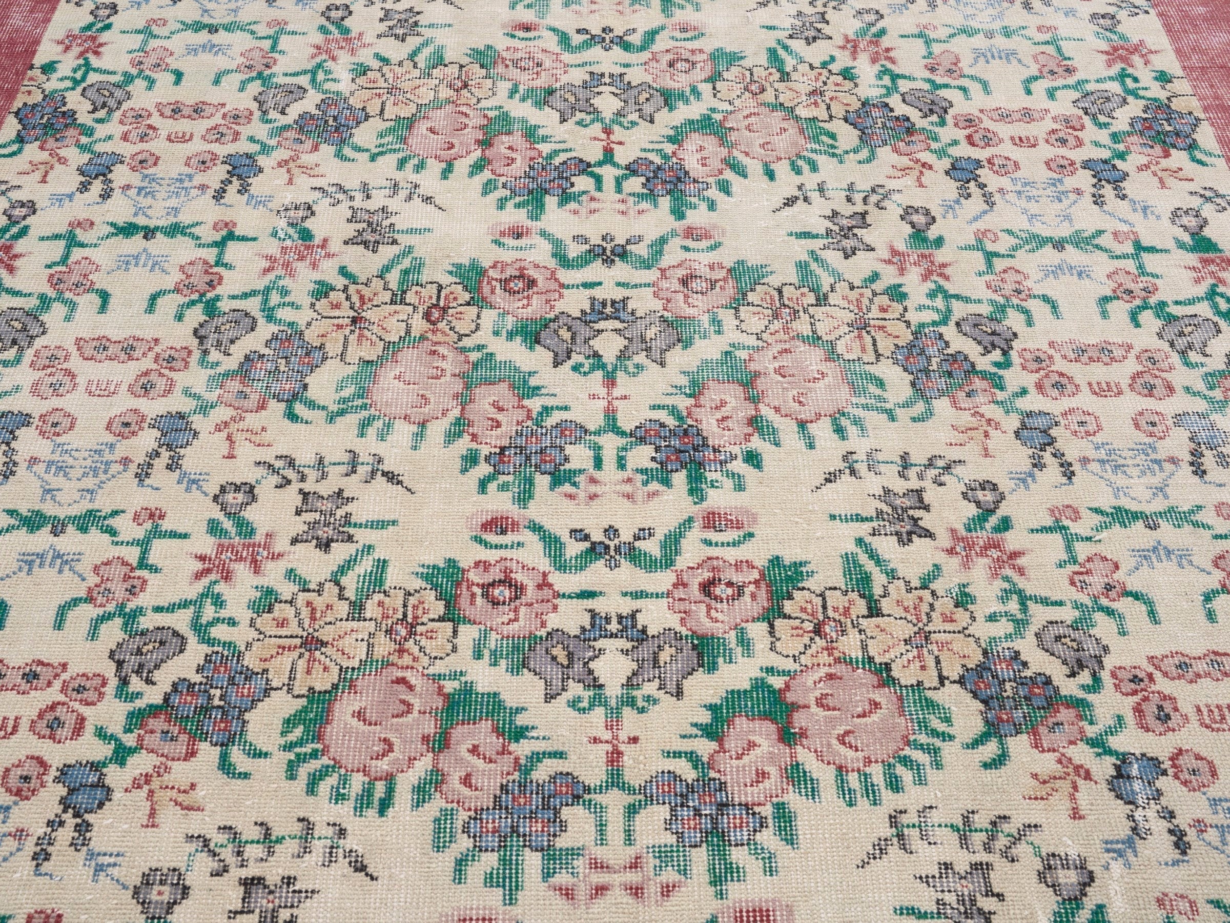 Turkish Isparta area rug in cream and muted pink, view 4 of 10