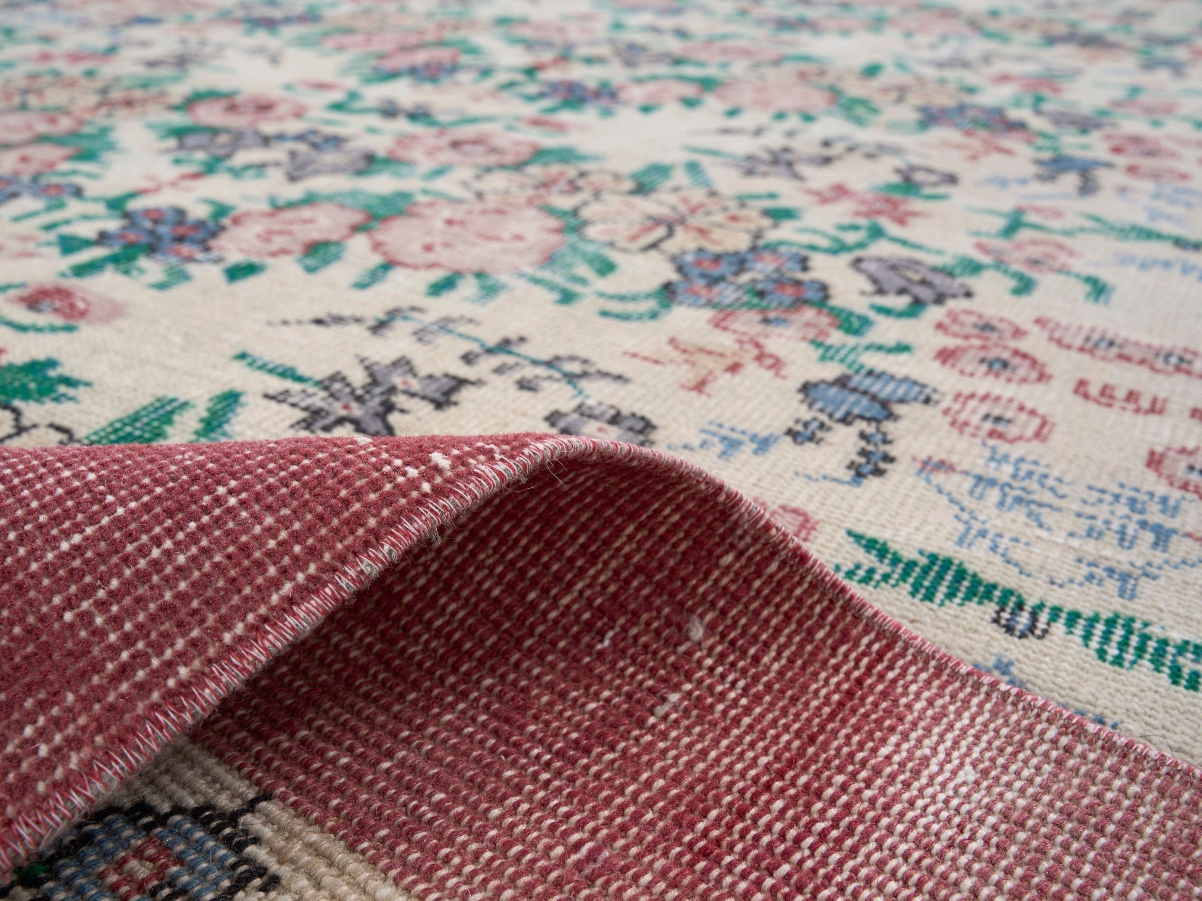 Turkish Isparta area rug in cream and muted pink, view 9 of 10