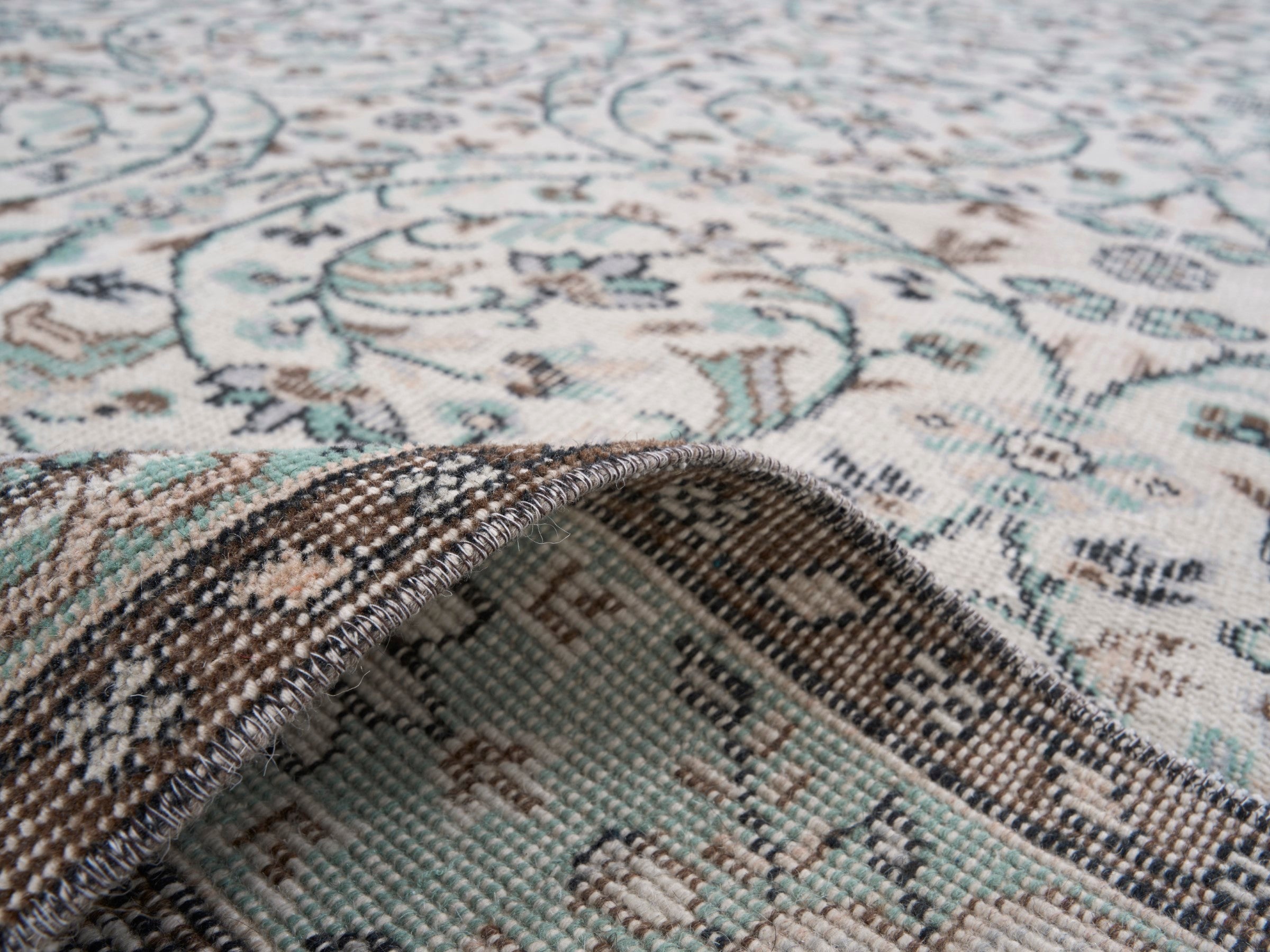 Turkish Isparta area rug in cream and celadon, view 9 of 10