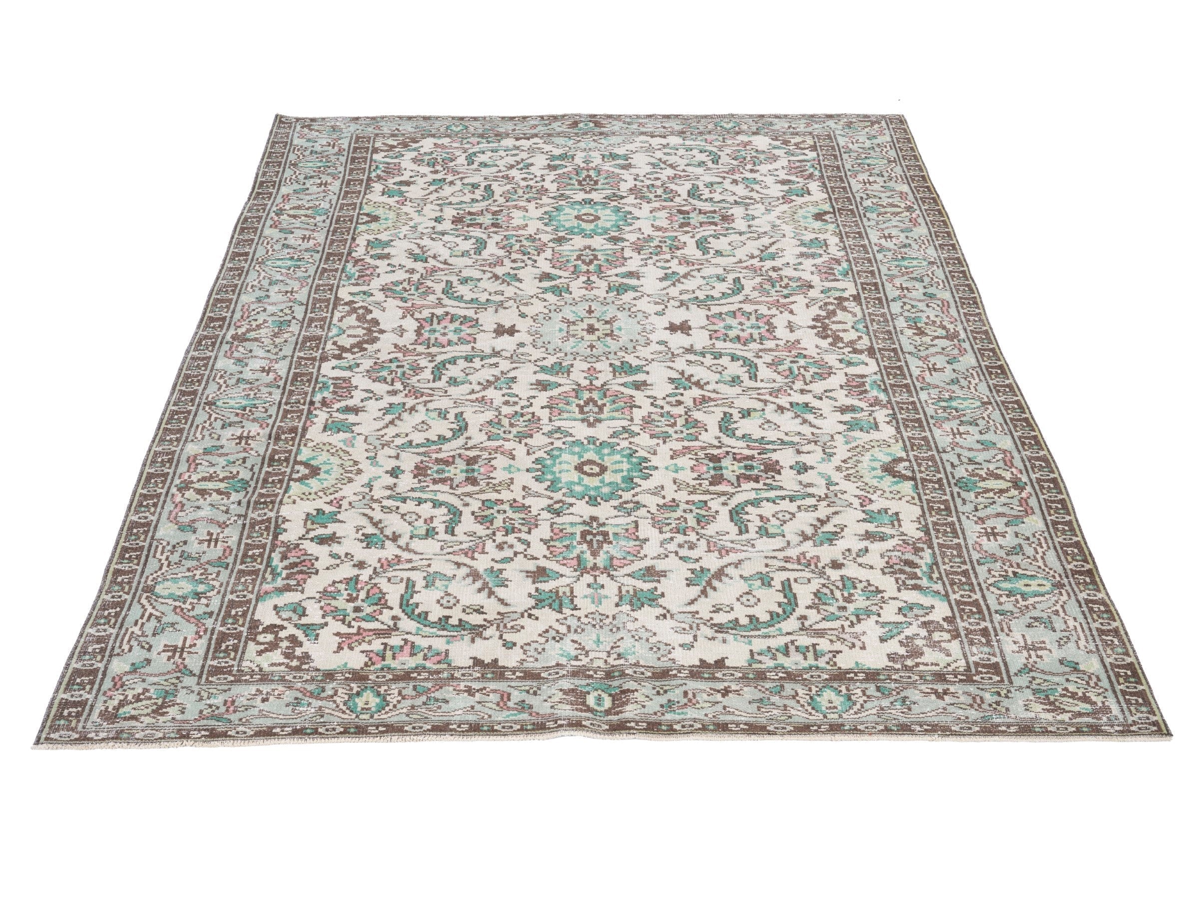Turkish Manisa area rug in cream and teal, view 2 of 10