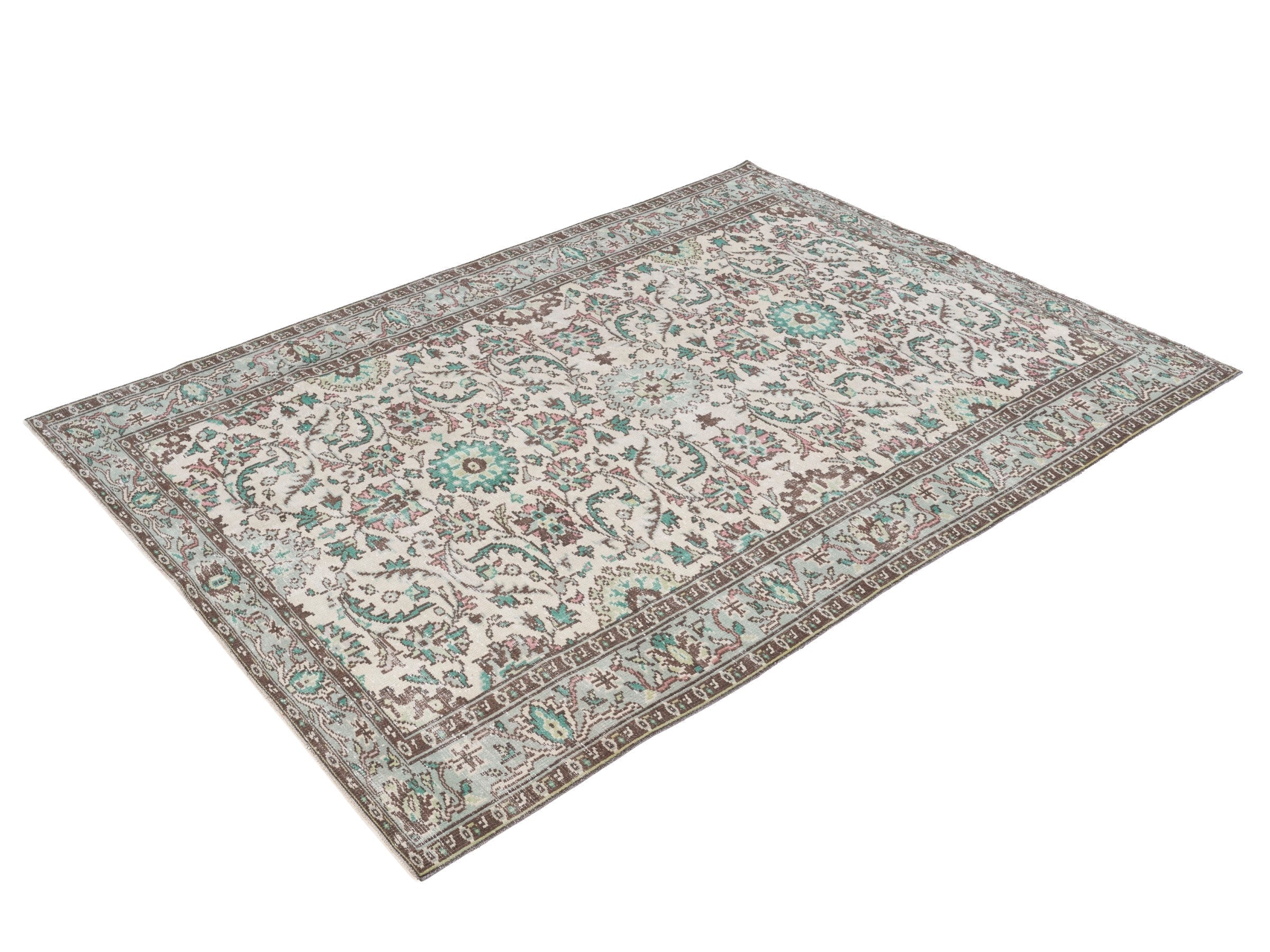 Turkish Manisa area rug in cream and teal, view 3 of 10