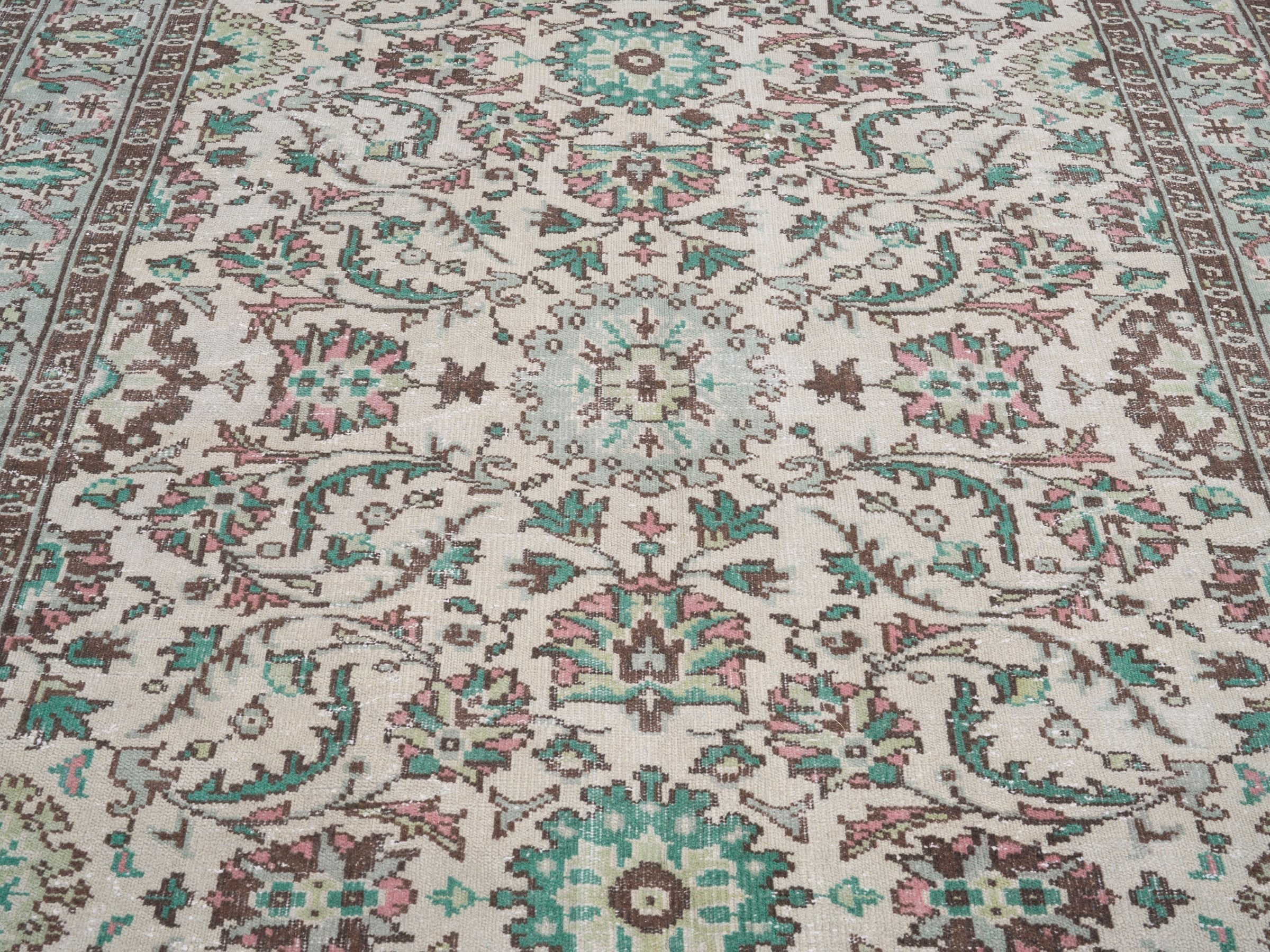 Turkish Manisa area rug in cream and teal, view 4 of 10