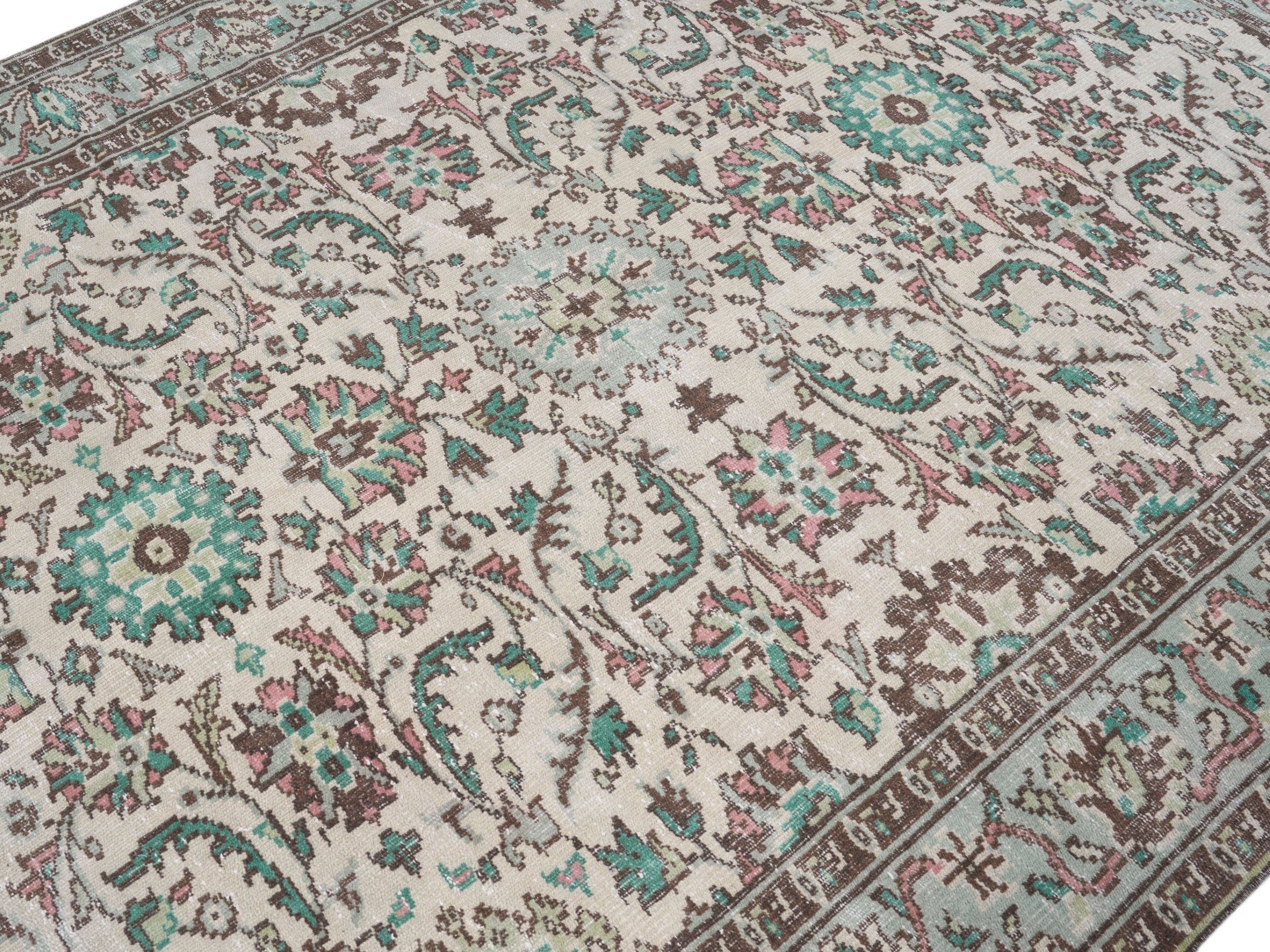 Turkish Manisa area rug in cream and teal, view 5 of 10