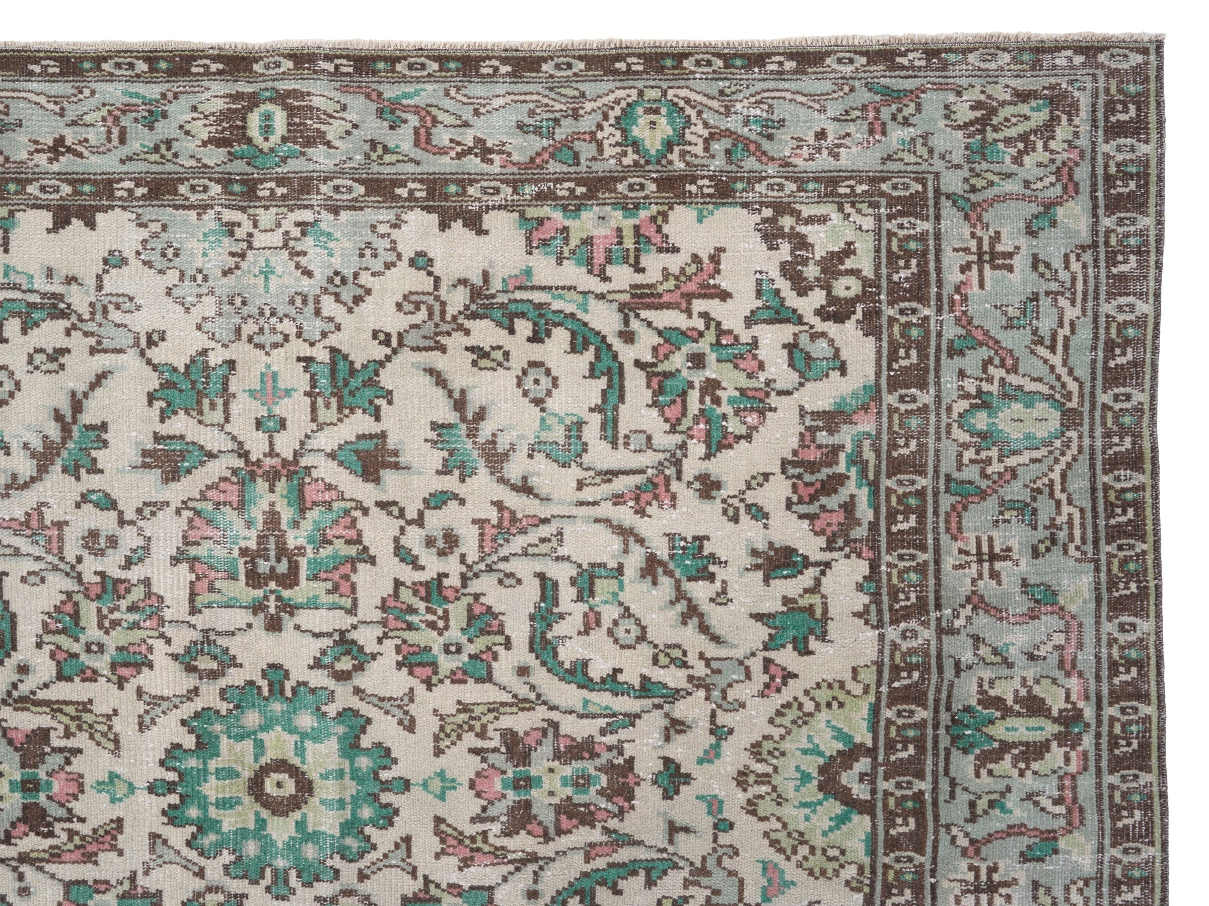 Turkish Manisa area rug in cream and teal, view 8 of 10