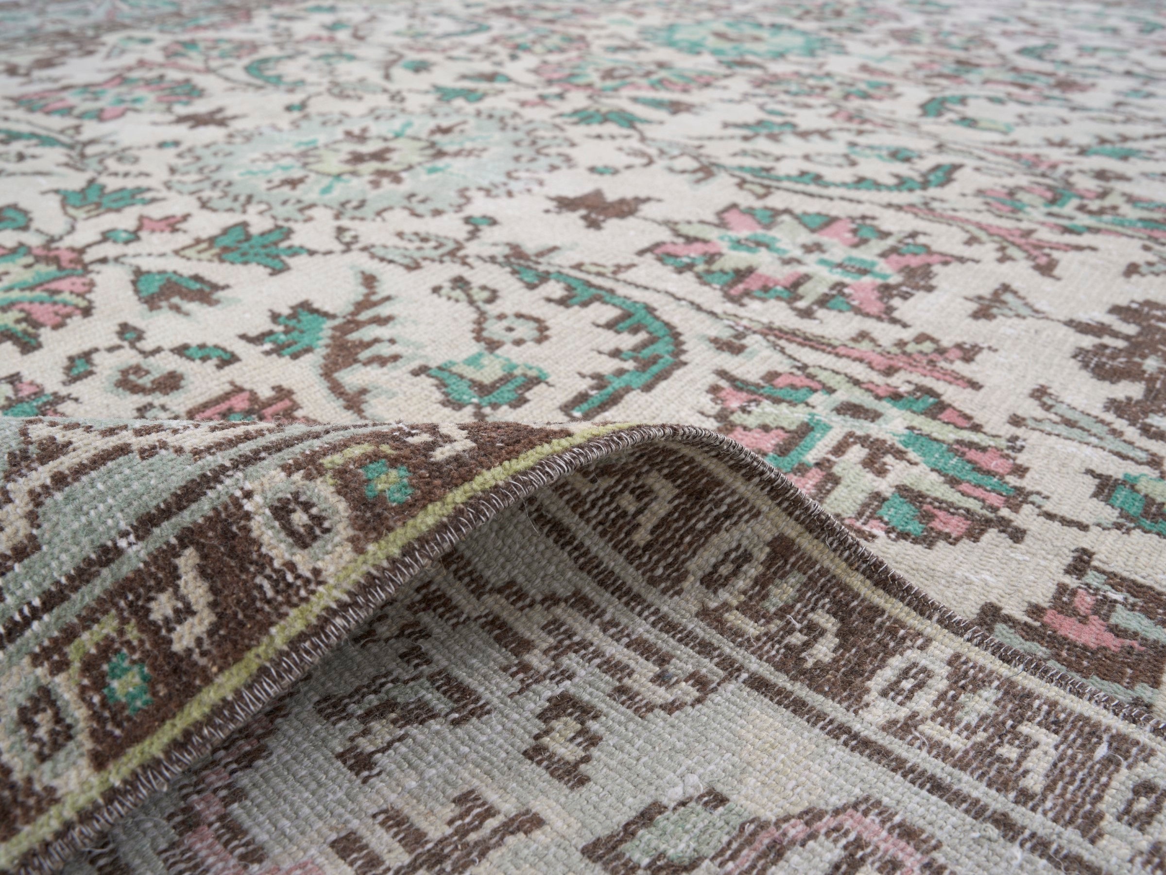 Turkish Manisa area rug in cream and teal, view 9 of 10