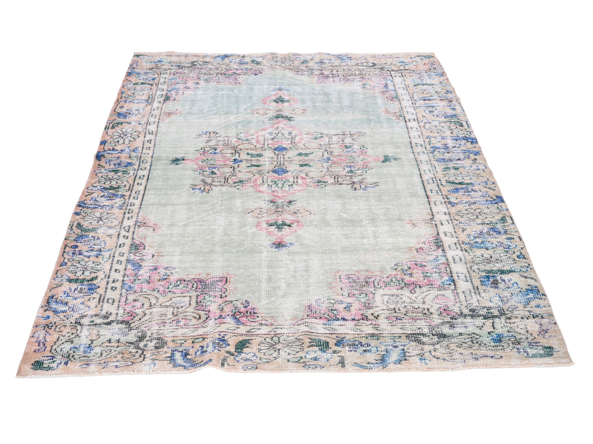 Turkish Manisa area rug in stone and denim, view 2 of 10
